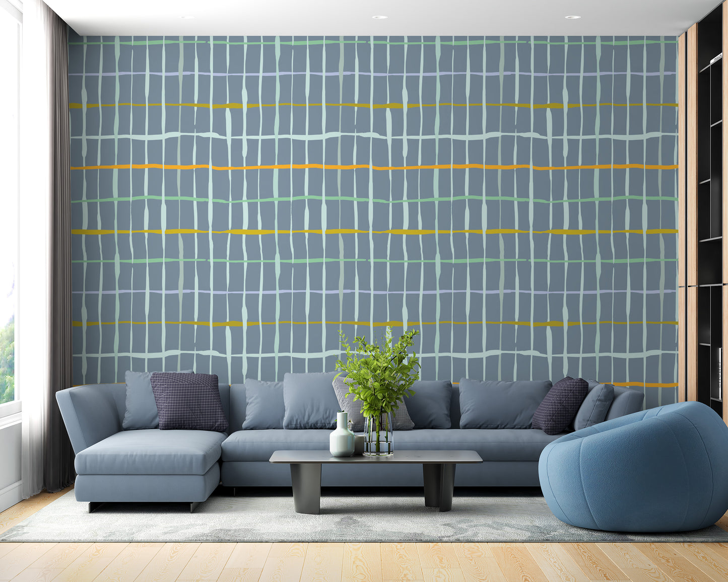 Slate blue wallpaper with a modern handdrawn line aesthetic
