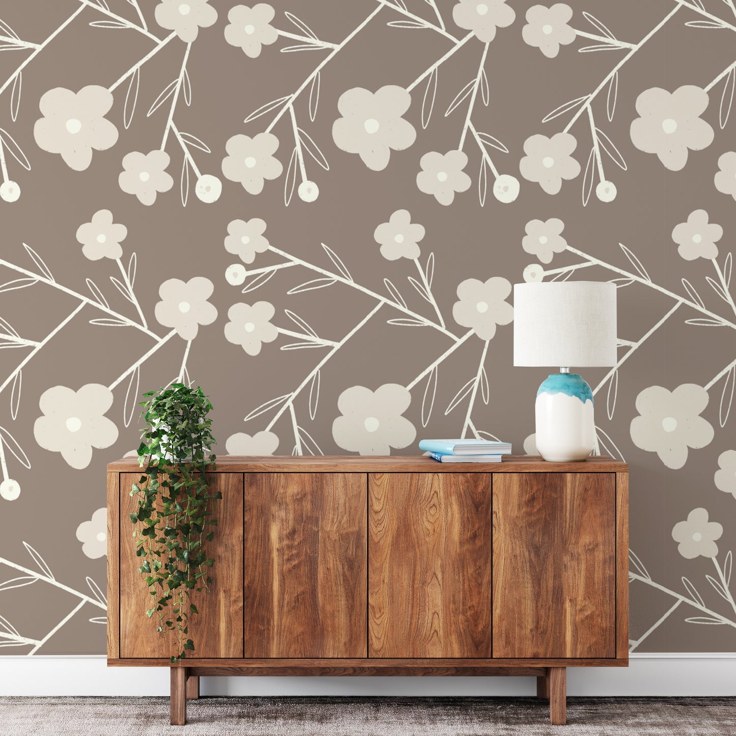 Modern Flower Buds Bush Grey Wallpaper design
