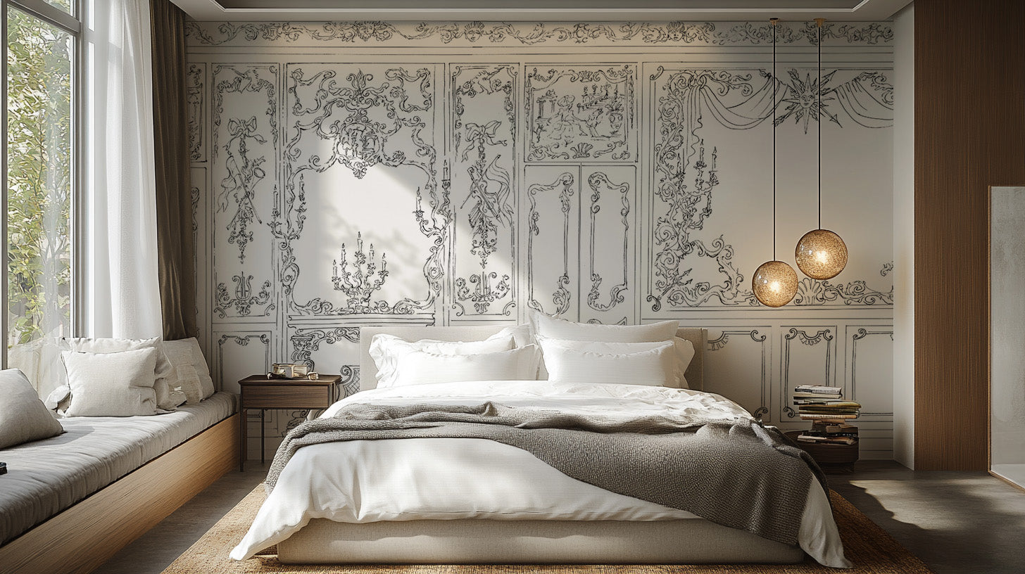 Rococo ornate wall panel design wallpaper for luxury decor
