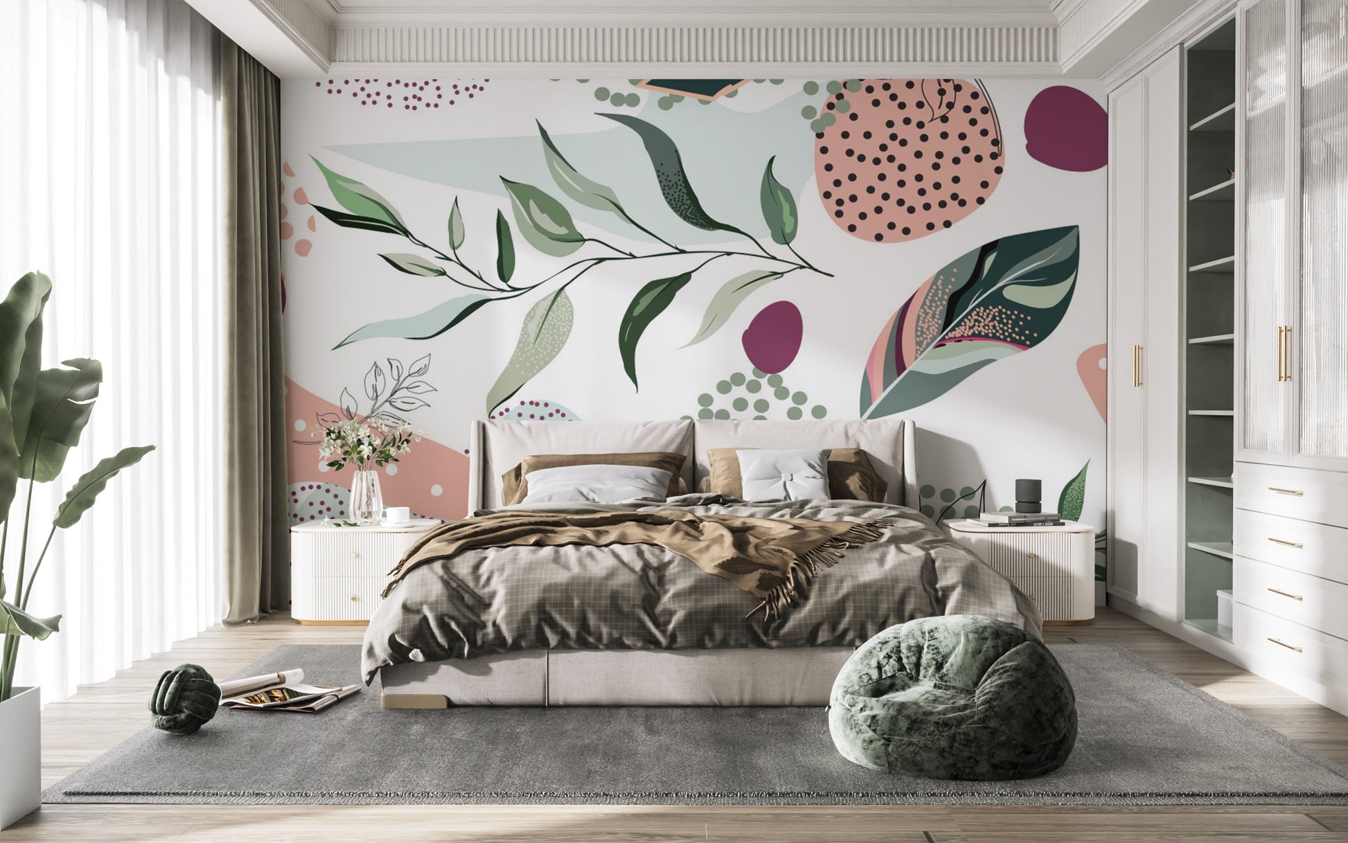 Vibrant botanical wallpaper mural with stylish leaf motifs.