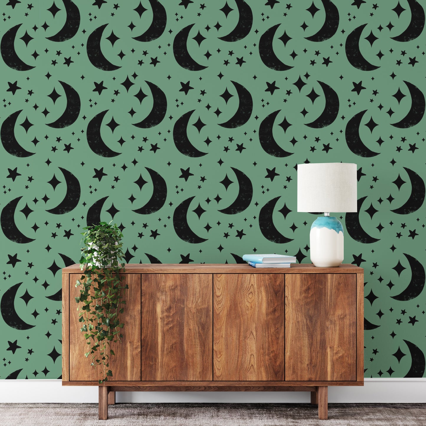 Refresh interiors with Moon Green Background Wallpaper