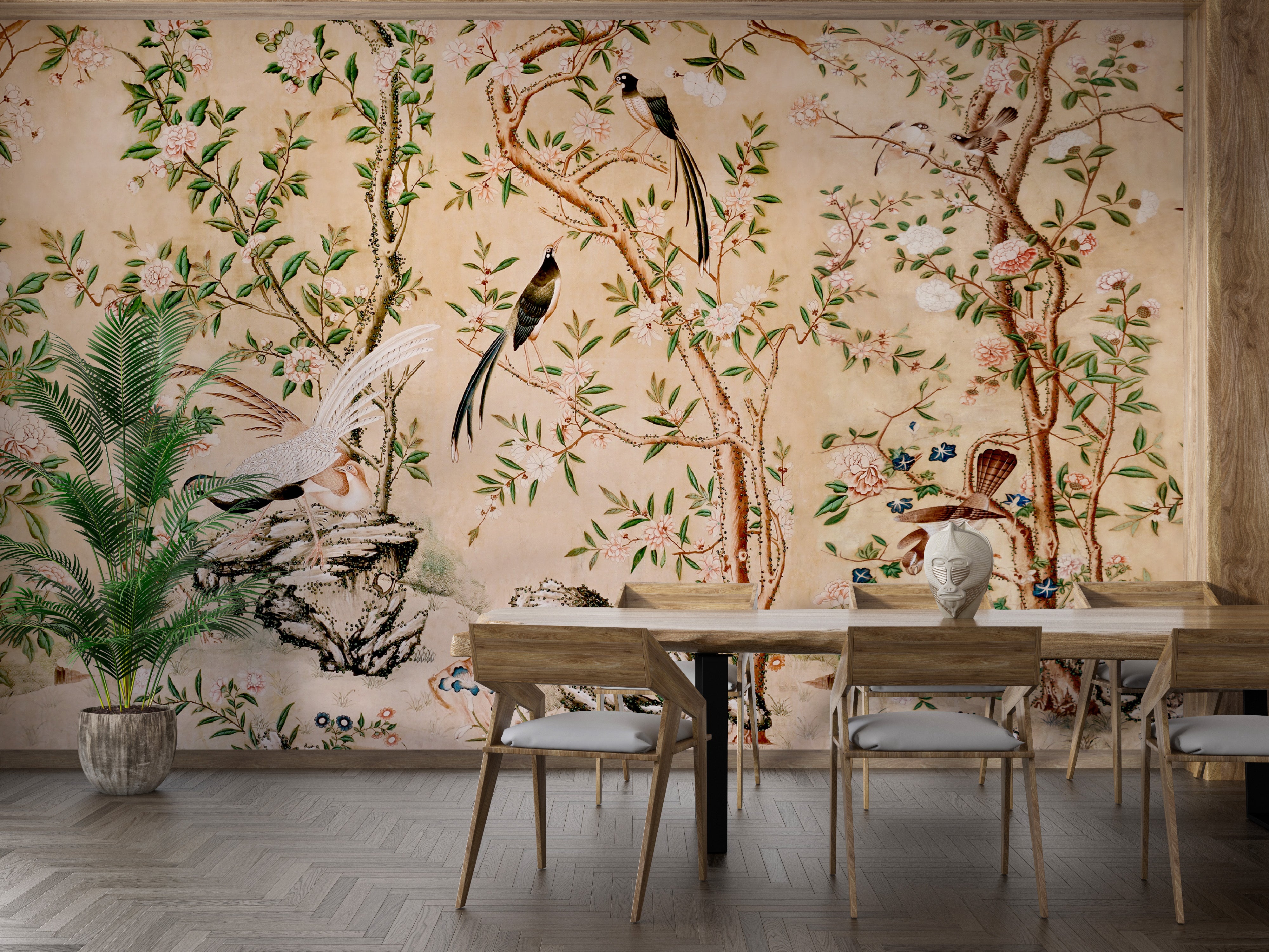 Chinoiserie wall mural with detailed flora and fauna
