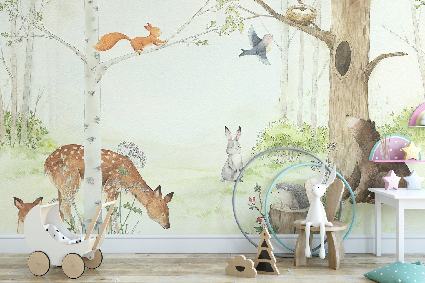 Vibrant animals in forest wall mural tones
