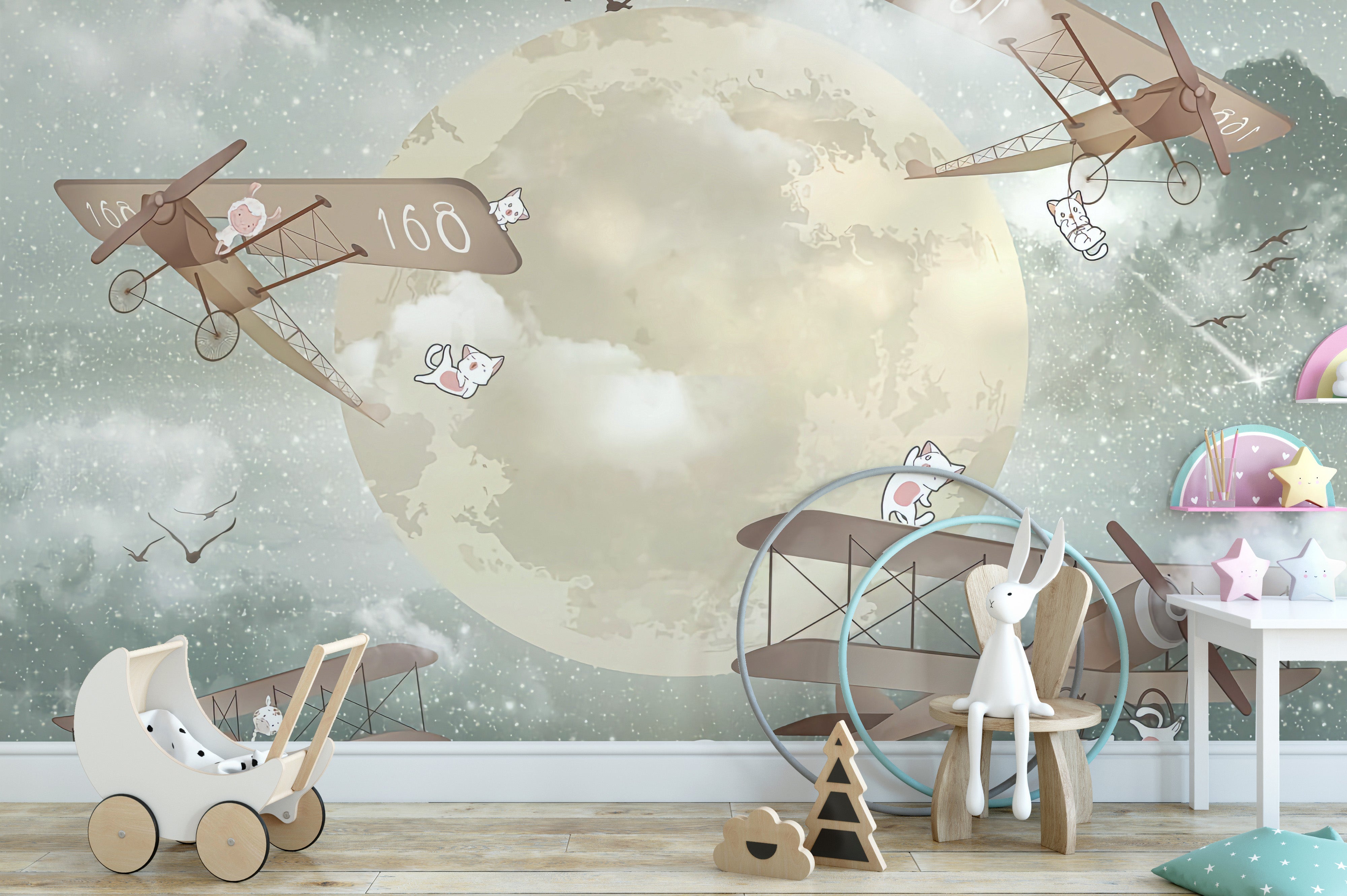 Moonlight airplane wallpaper mural design
