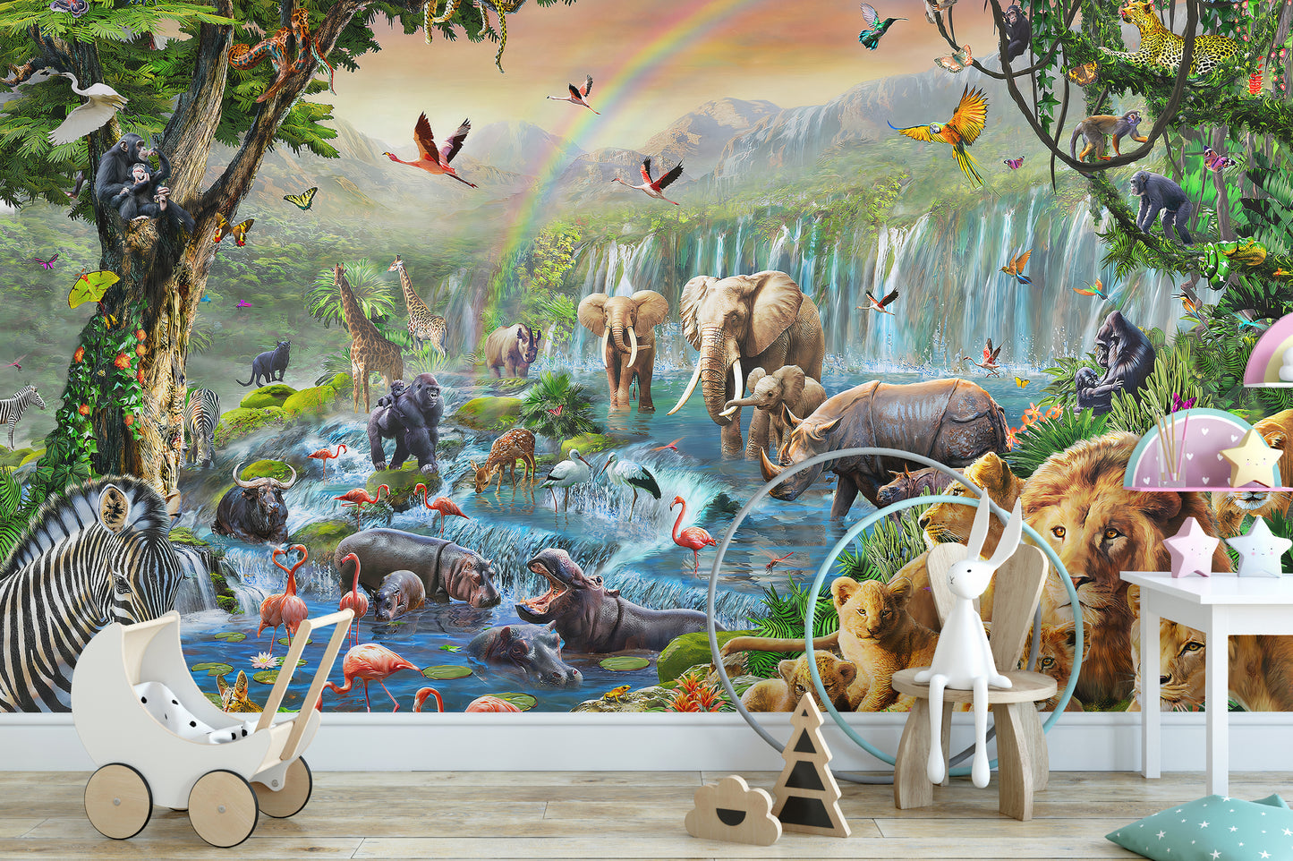 Vivid Animal Kingdom with waterfall Wallpaper Murals