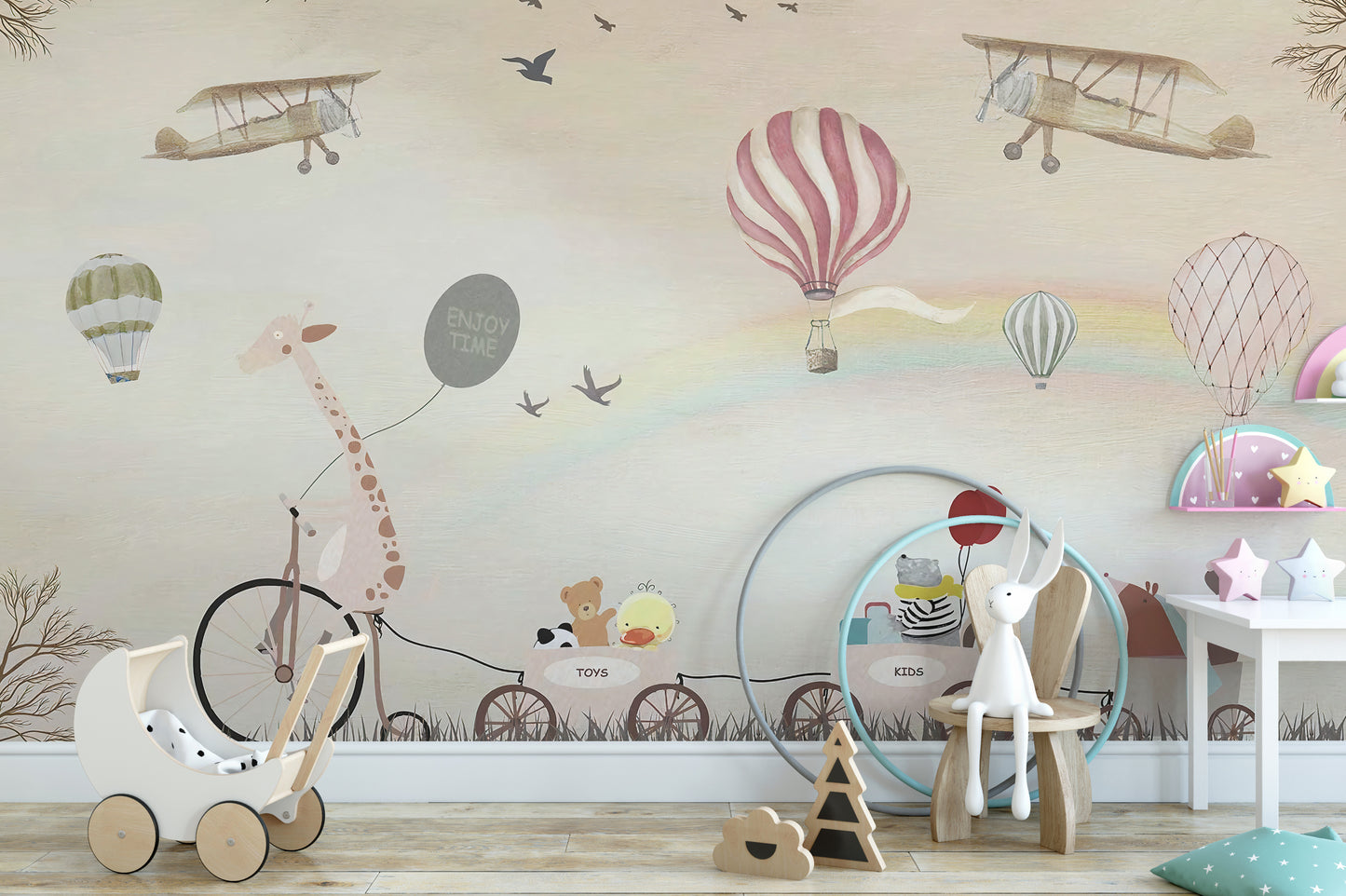 Beige Color Jovial Animals Wallpaper Mural