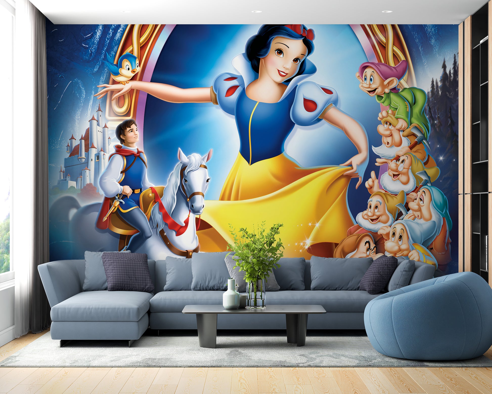 Snow White-themed wall mural with iconic fairytale elements
