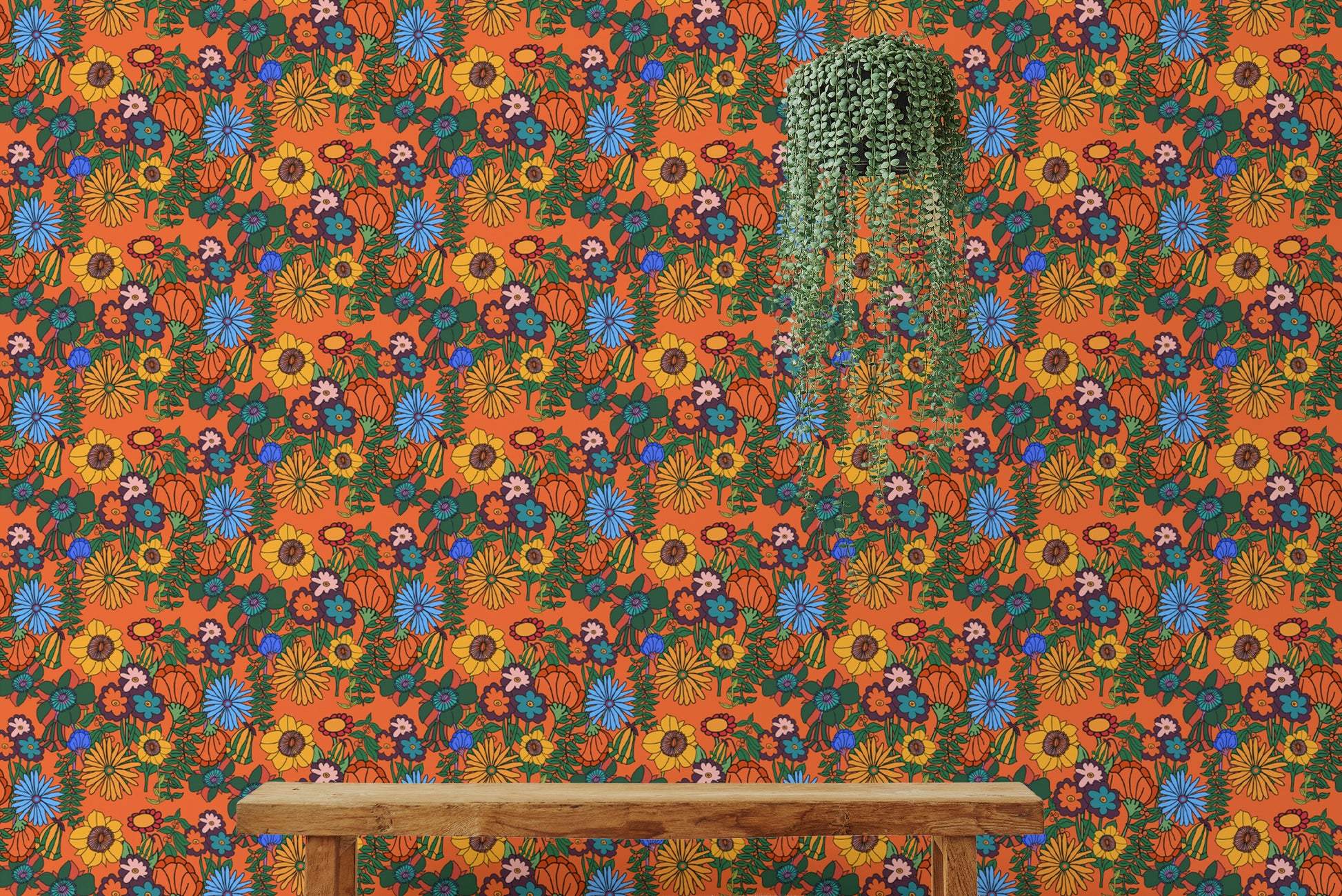 Artistic patterns in Retro 60s Floral Orange Wallpaper