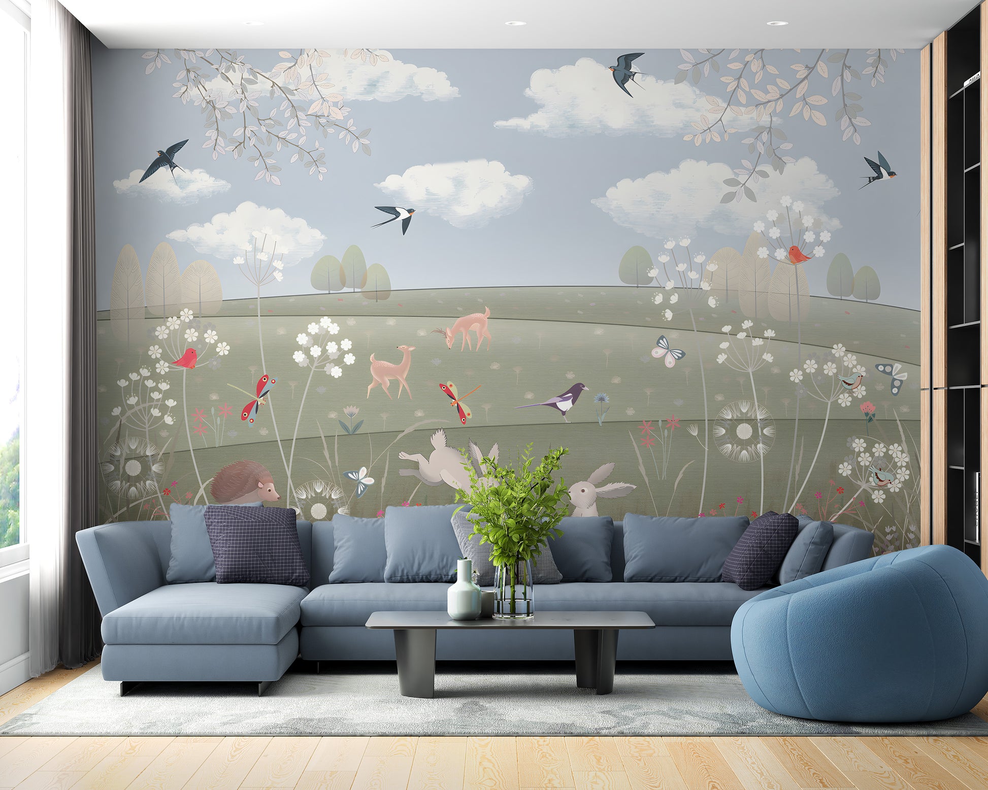 Watercolor countryside mural with an enchanted garden theme
