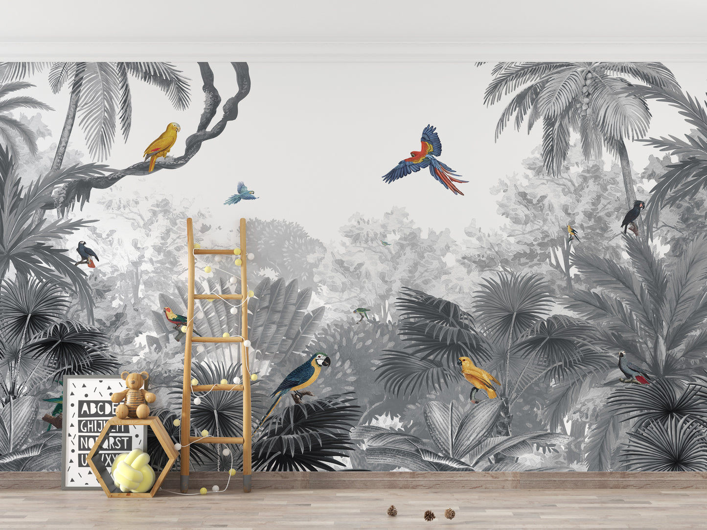 Monochrome Tropical Jungle Birds Wallpaper