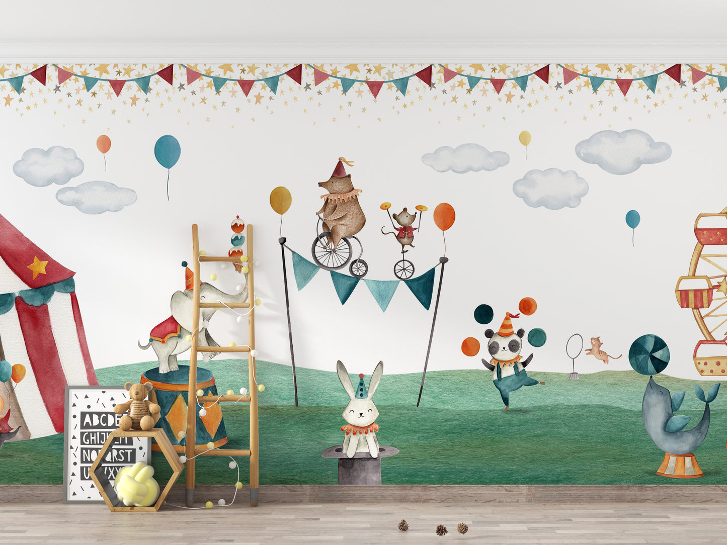 Circus-themed wallpaper mural with bear and Ferris wheel