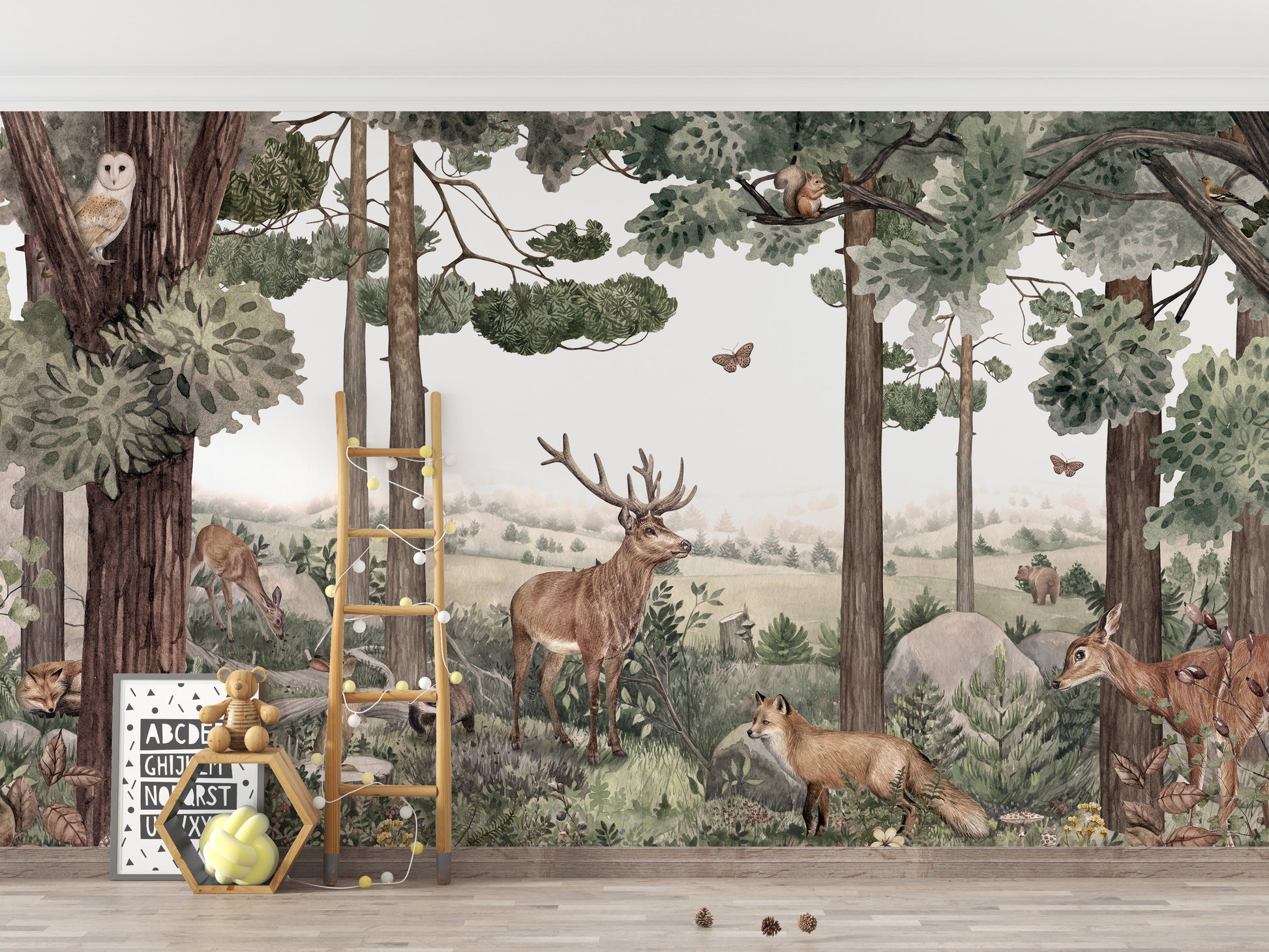 Stag and deer wallpaper mural with woodland nature scenery