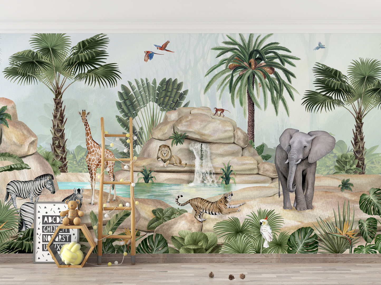 Watercolor Animals near water Pond Wallpaper