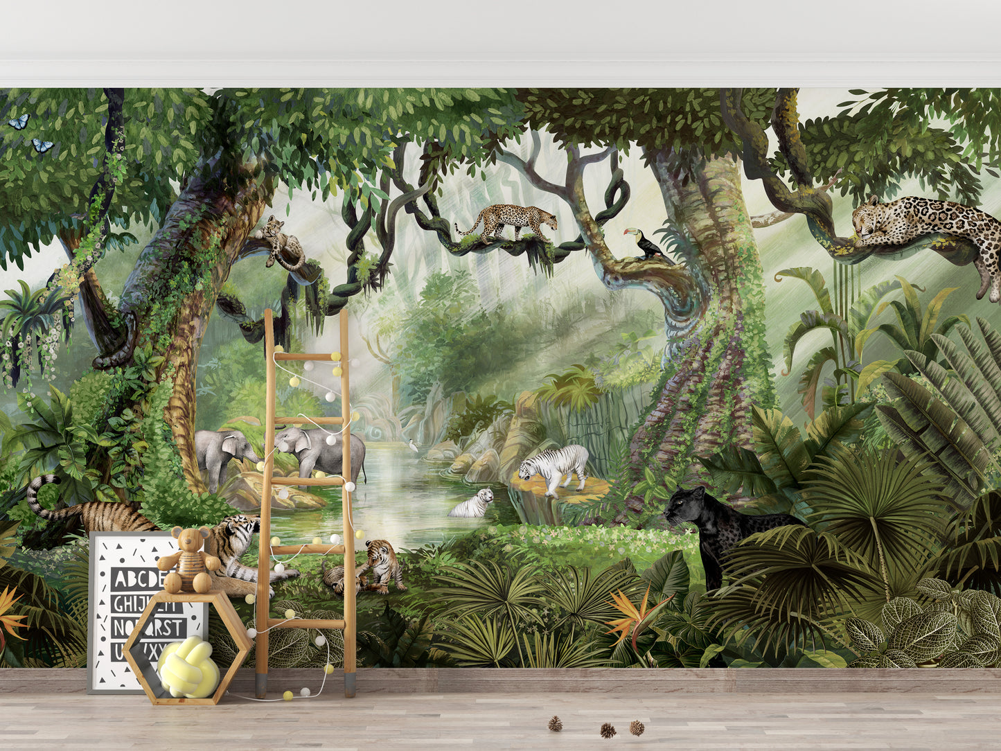 Panther and tiger in rainforest-themed wallpaper mural