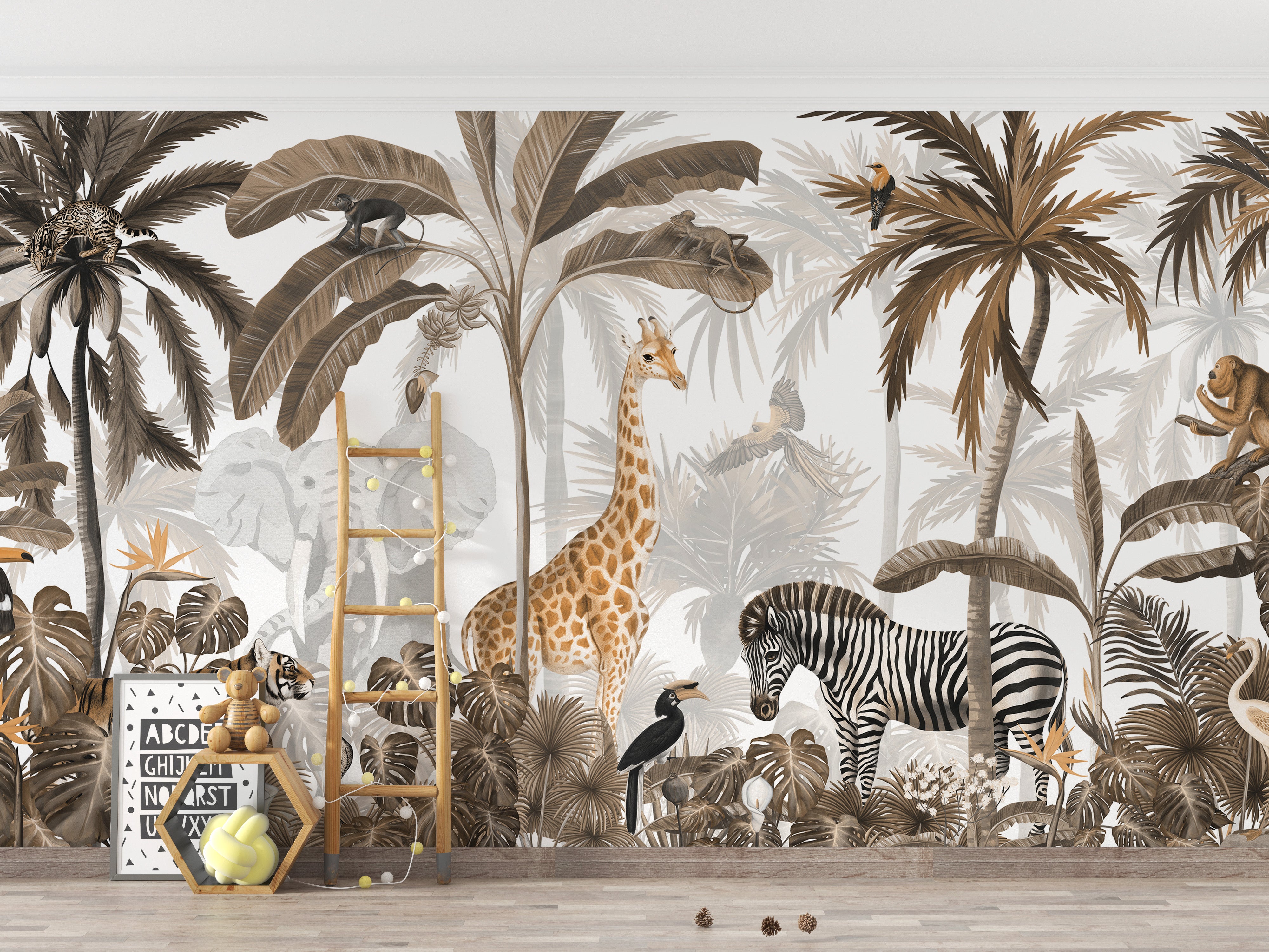 Tropical jungle wallpaper mural with jive sepia trees.