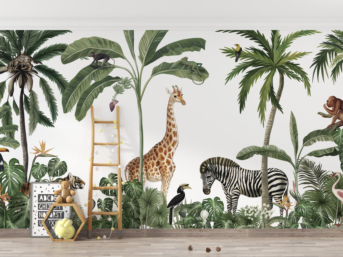 Exotic wildlife and palm trees tropical wallpaper