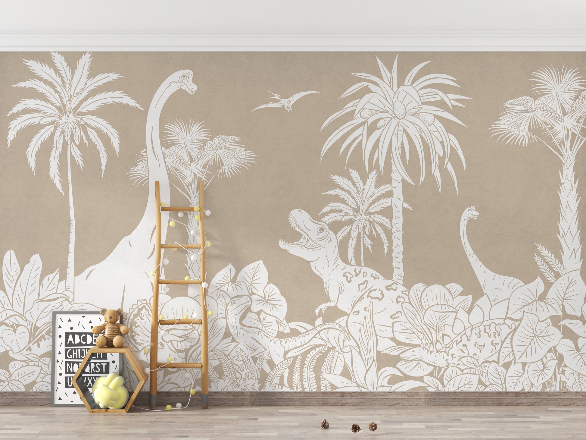 Elegant Monochrome Dino Brown wallpaper for kids' decor