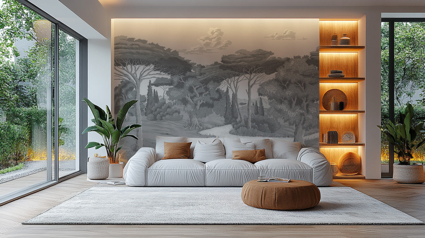 Black and white tree mural for a timeless aesthetic
