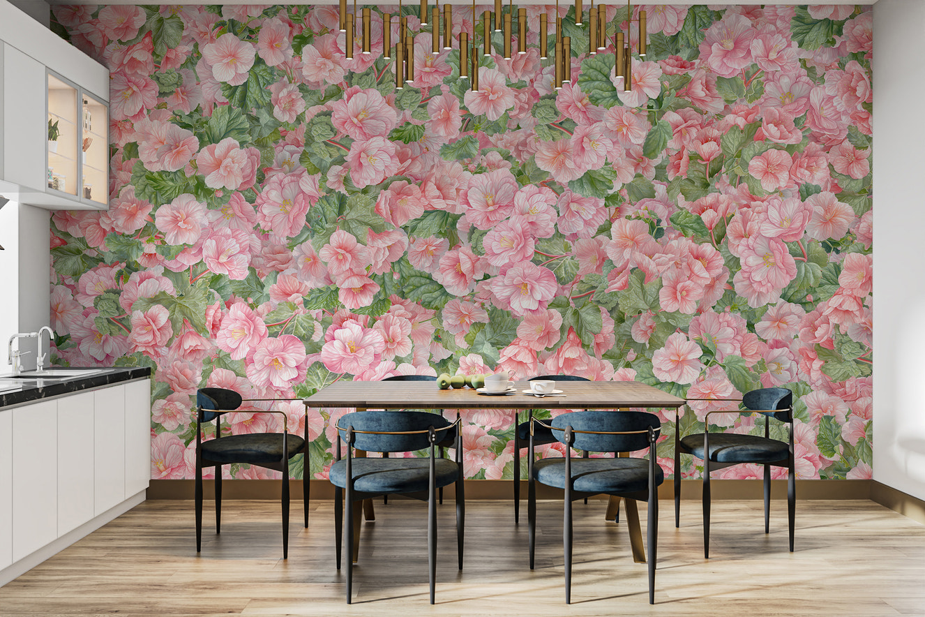 Pink Begonia floral wallpaper murals for dining room
