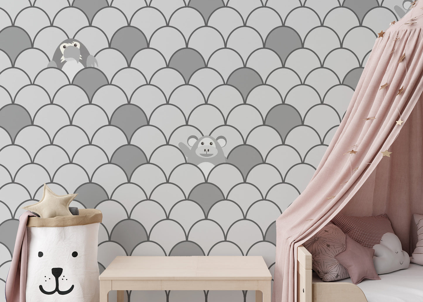 Grey Color Kids Animated Motifs Wallpaper Mural