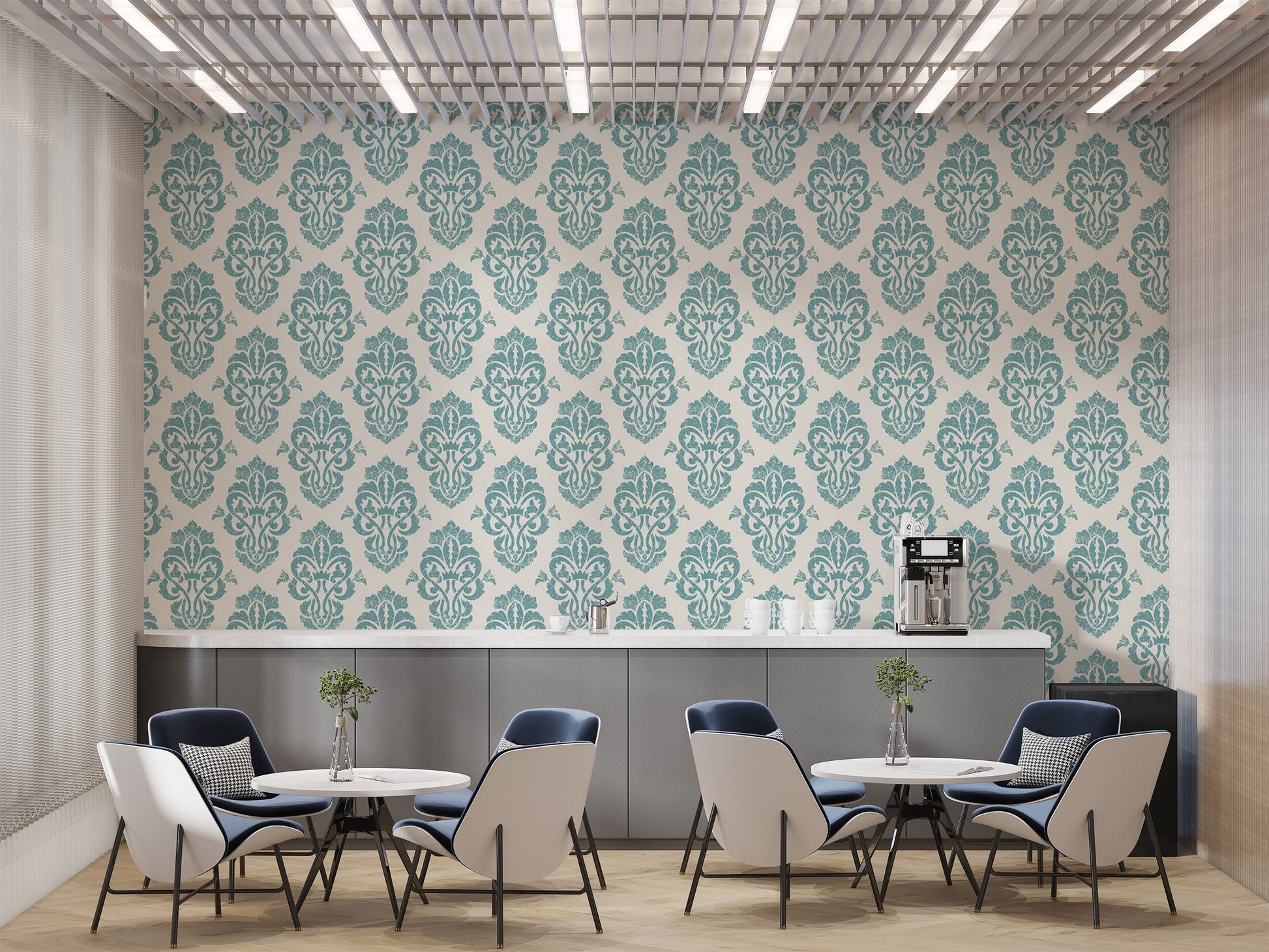 White and Blue Damask Pattern Wallpaper