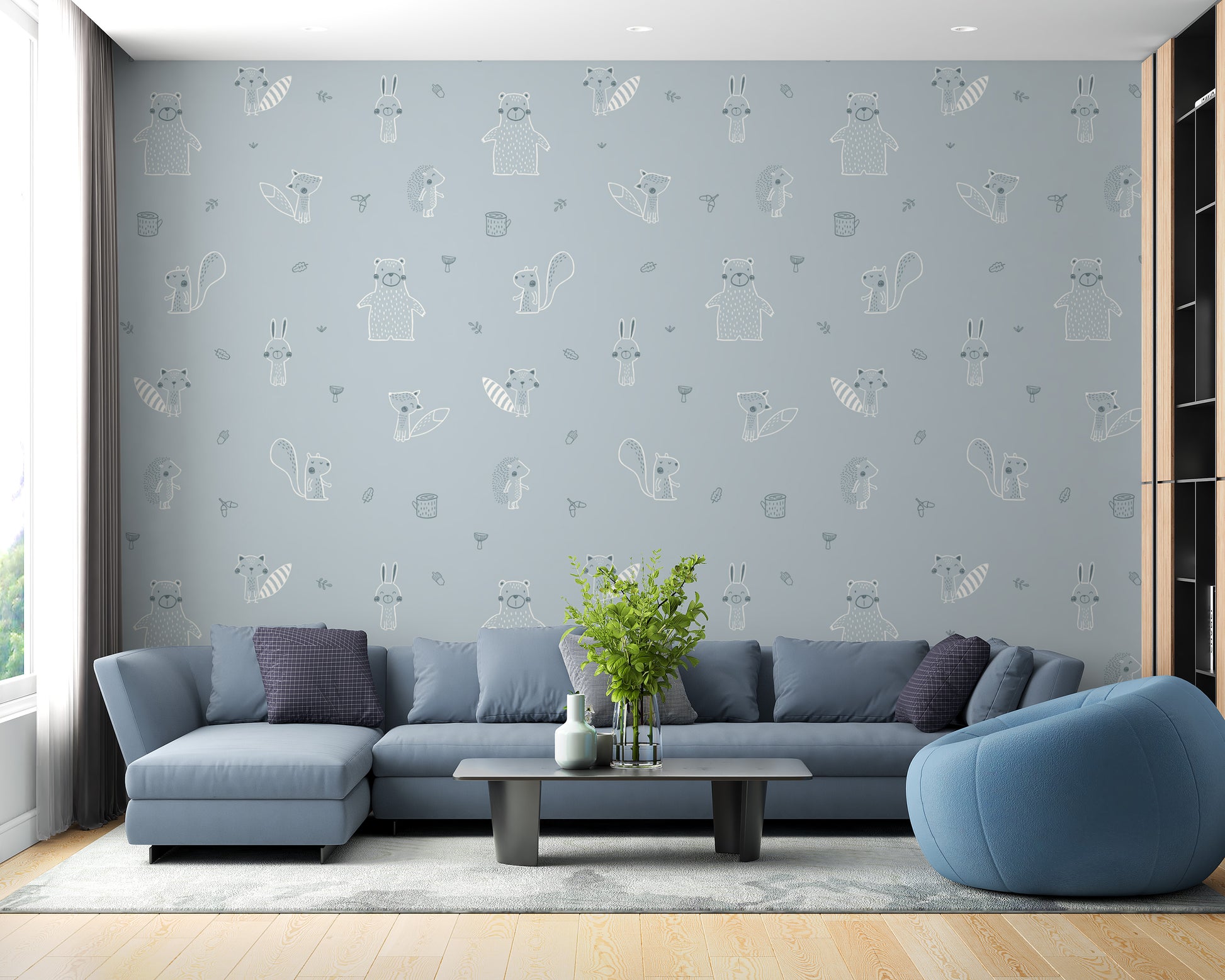 Peaceful blue forest animals wallpaper for playful interiors.
