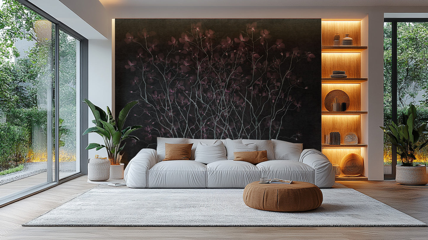 Nightshade floral illusion mural brings depth and elegance.