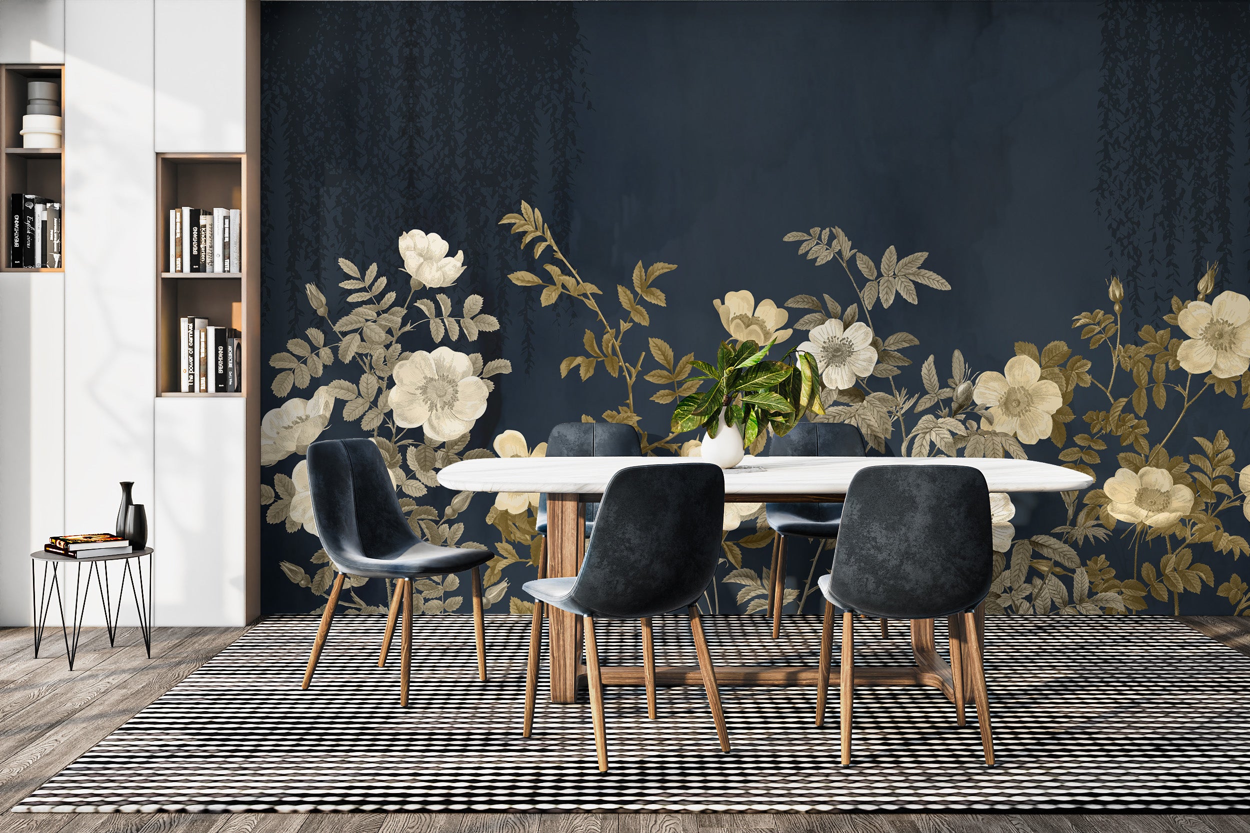 Golden floral wallpaper mural for a rich, midnight-inspired look.
