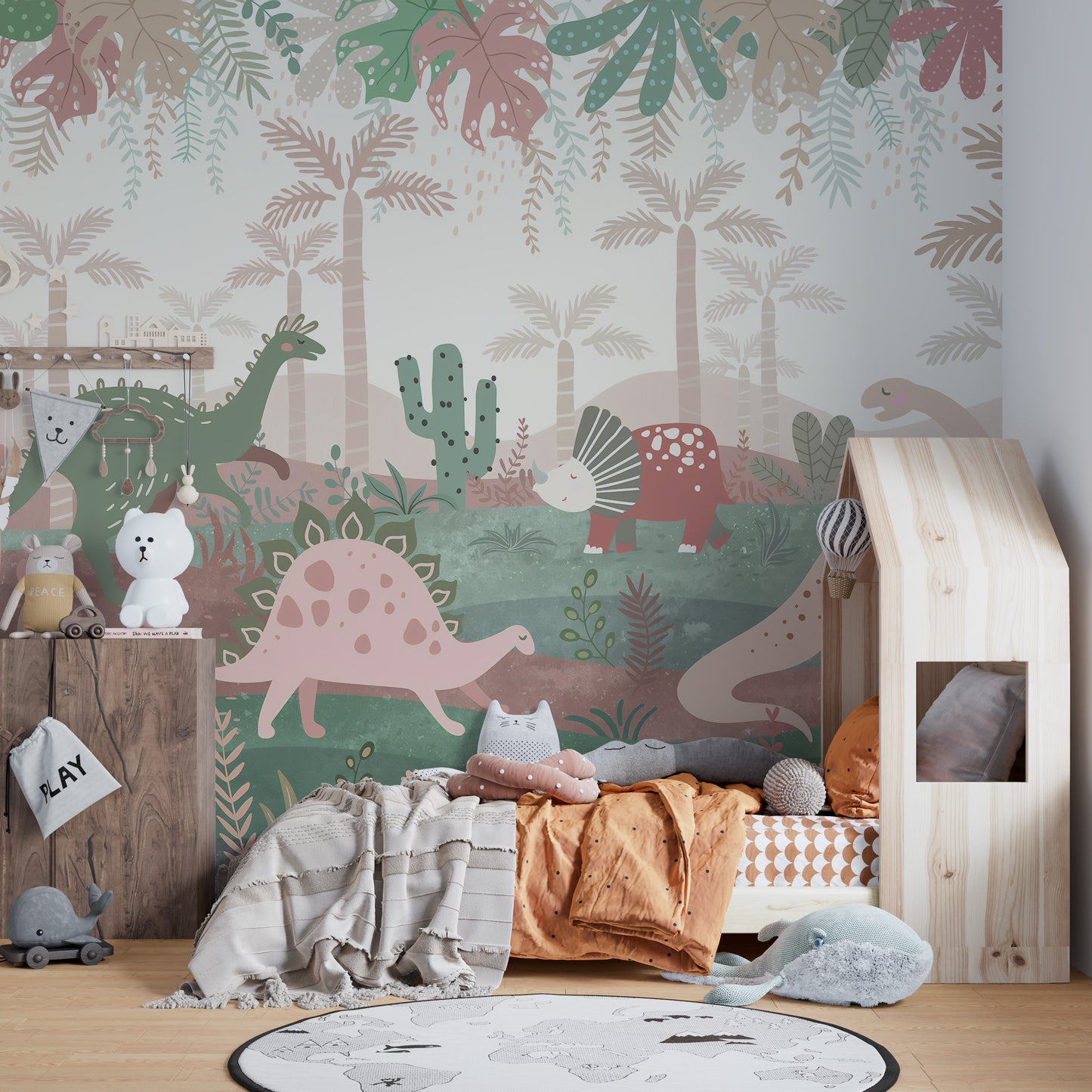 Green & Pink Color Dinosaurs Enjoying Wallpaper Mural