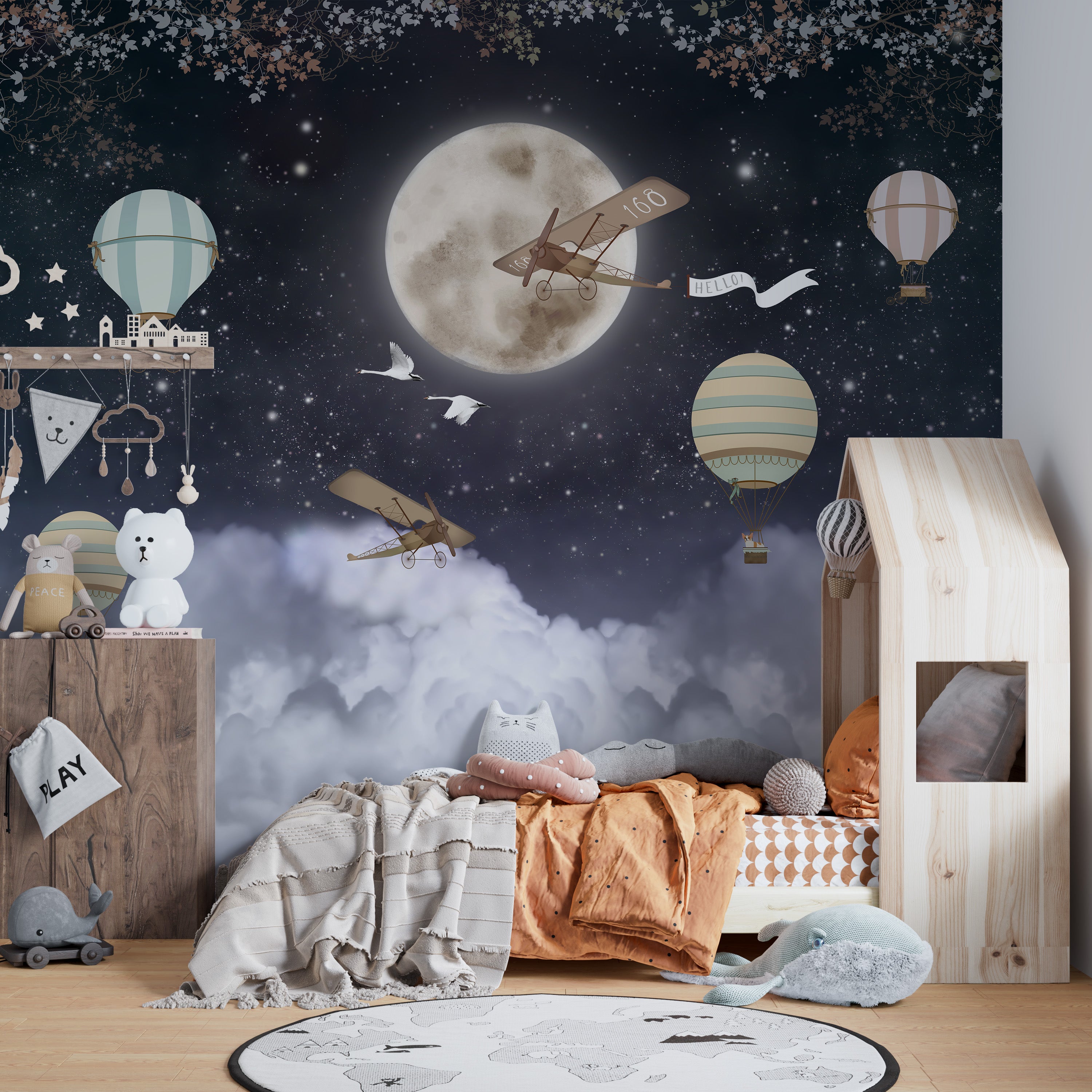 Hot air balloons with stars wall mural design
