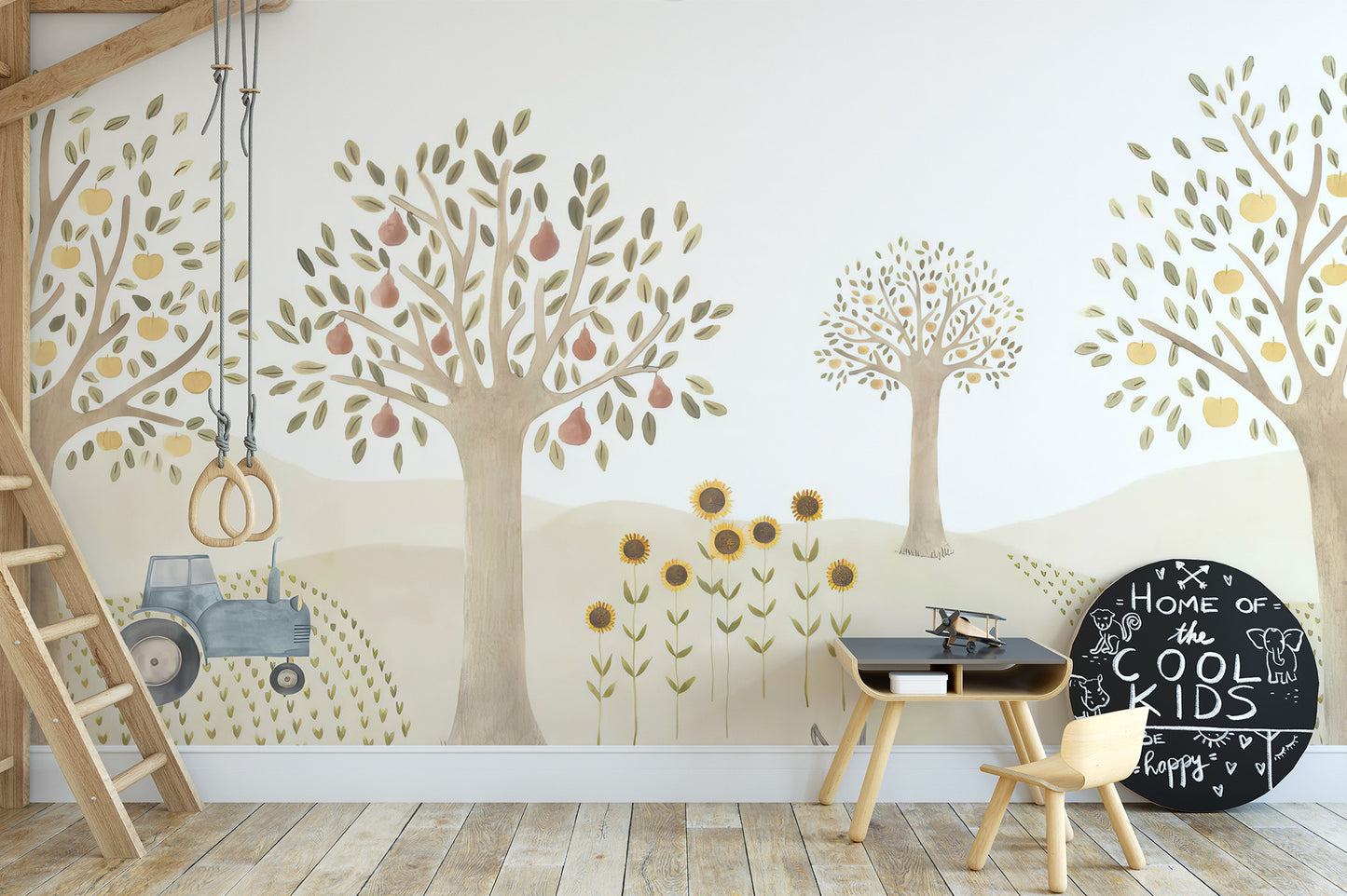 Playful countryside whimsy wall mural for kids