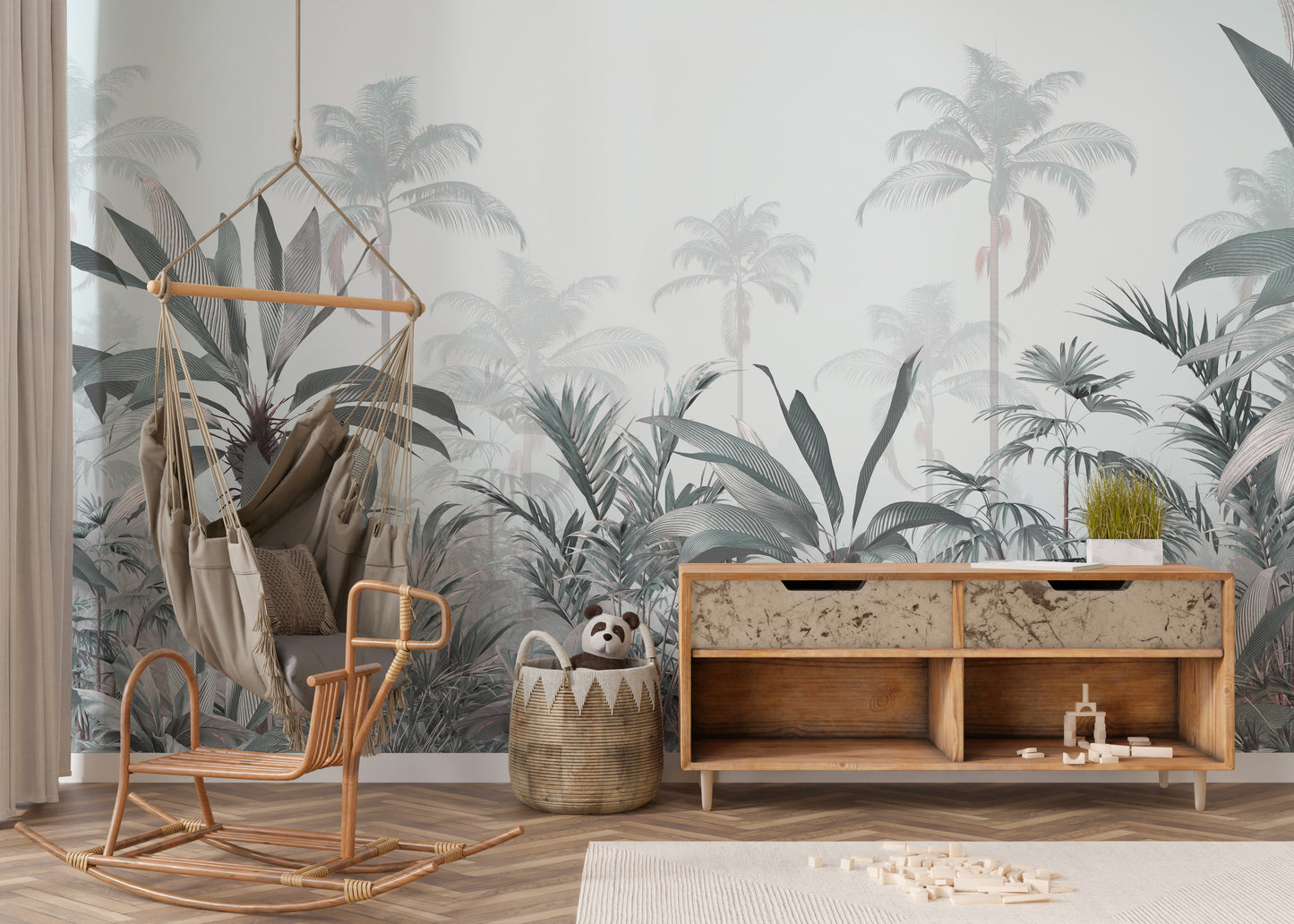 Tranquil riverside wallpaper mural with elegant flamingos