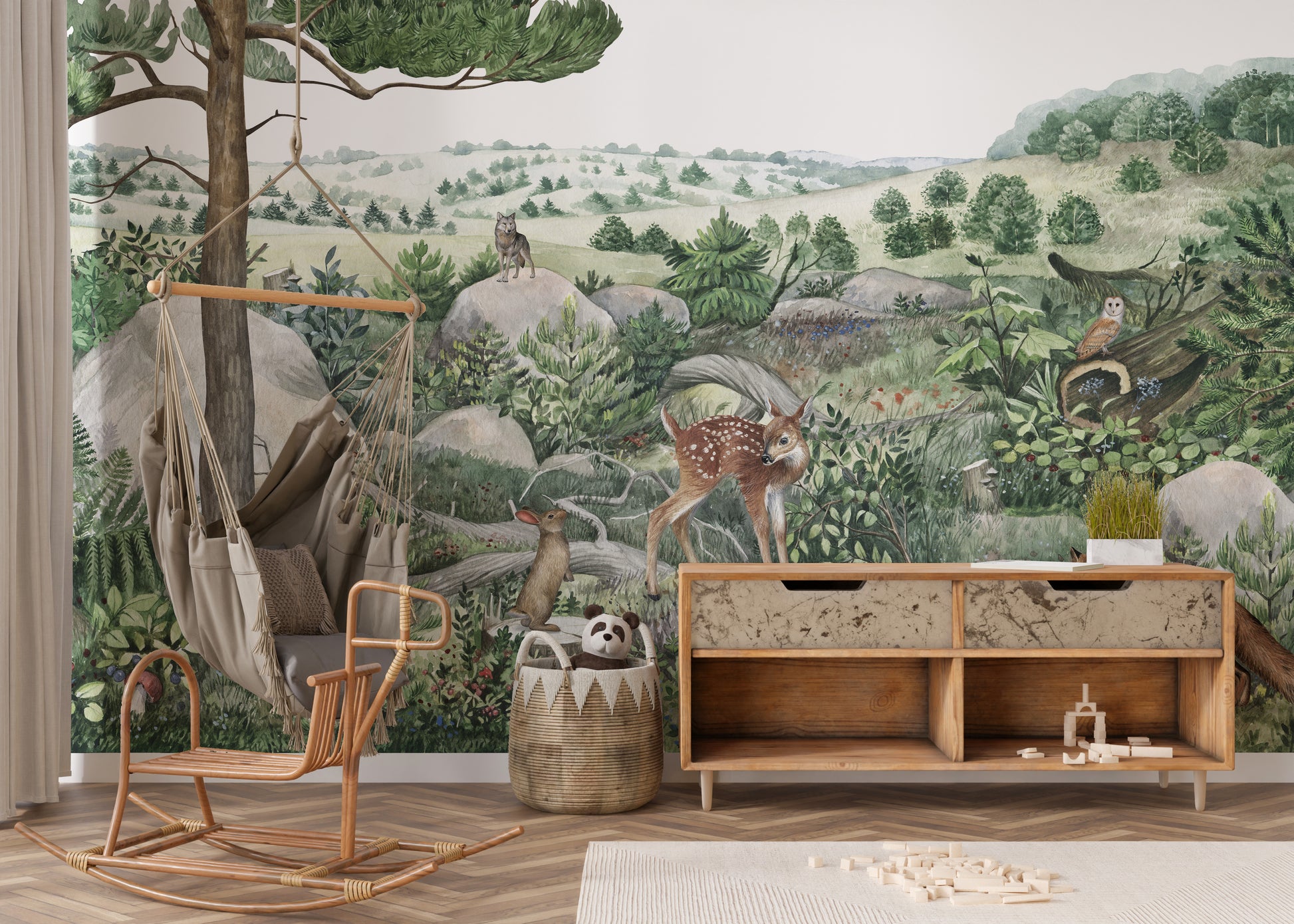 Nature-inspired Happy Hills wallpaper featuring woodland creatures.