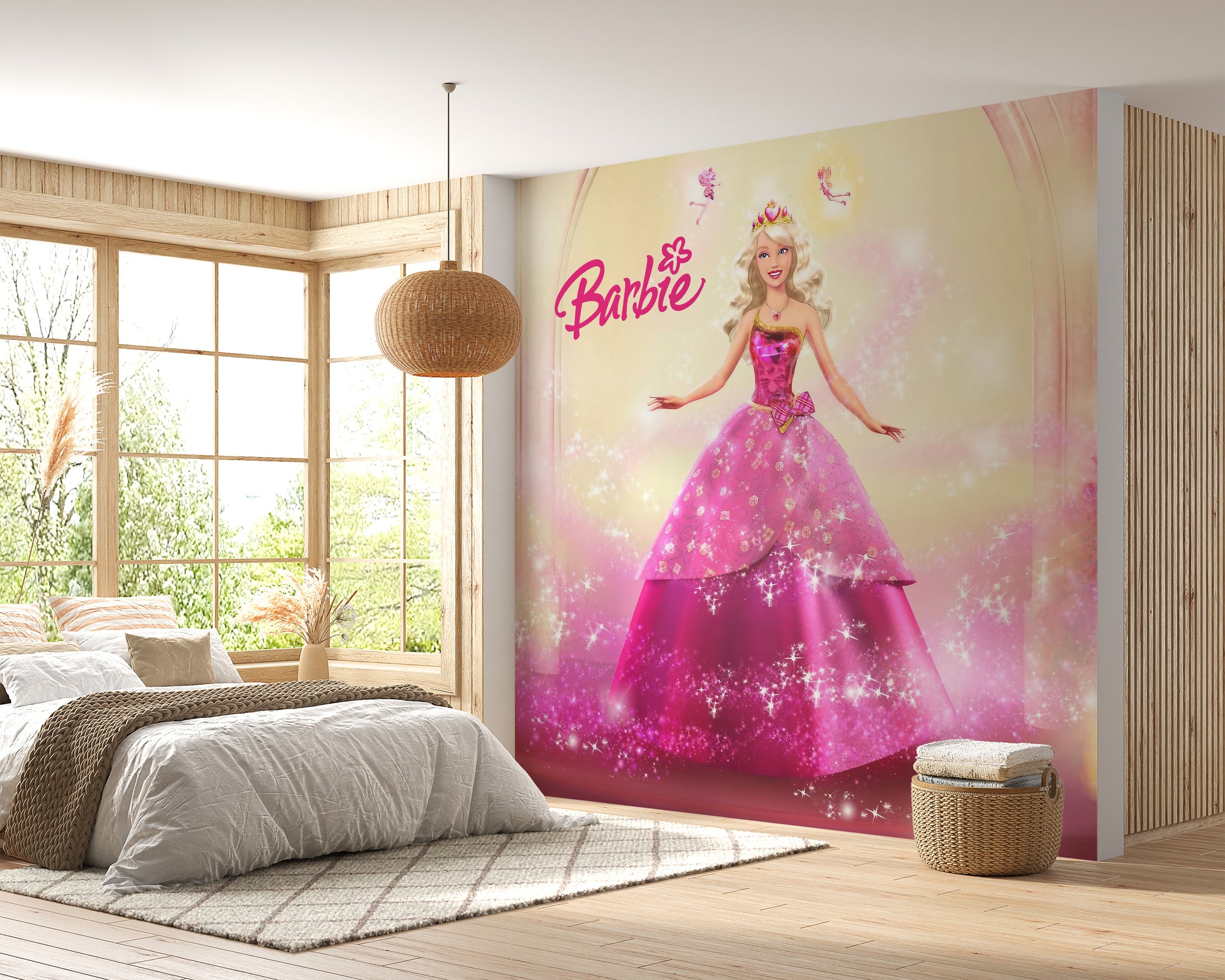 Barbie-themed wallpaper showcasing her glamorous pink gown
