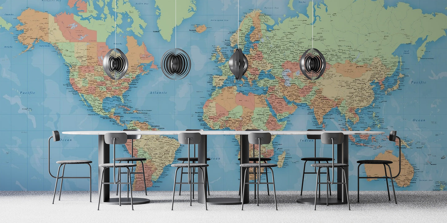 Colorful world map wallpaper for educational wall decor.