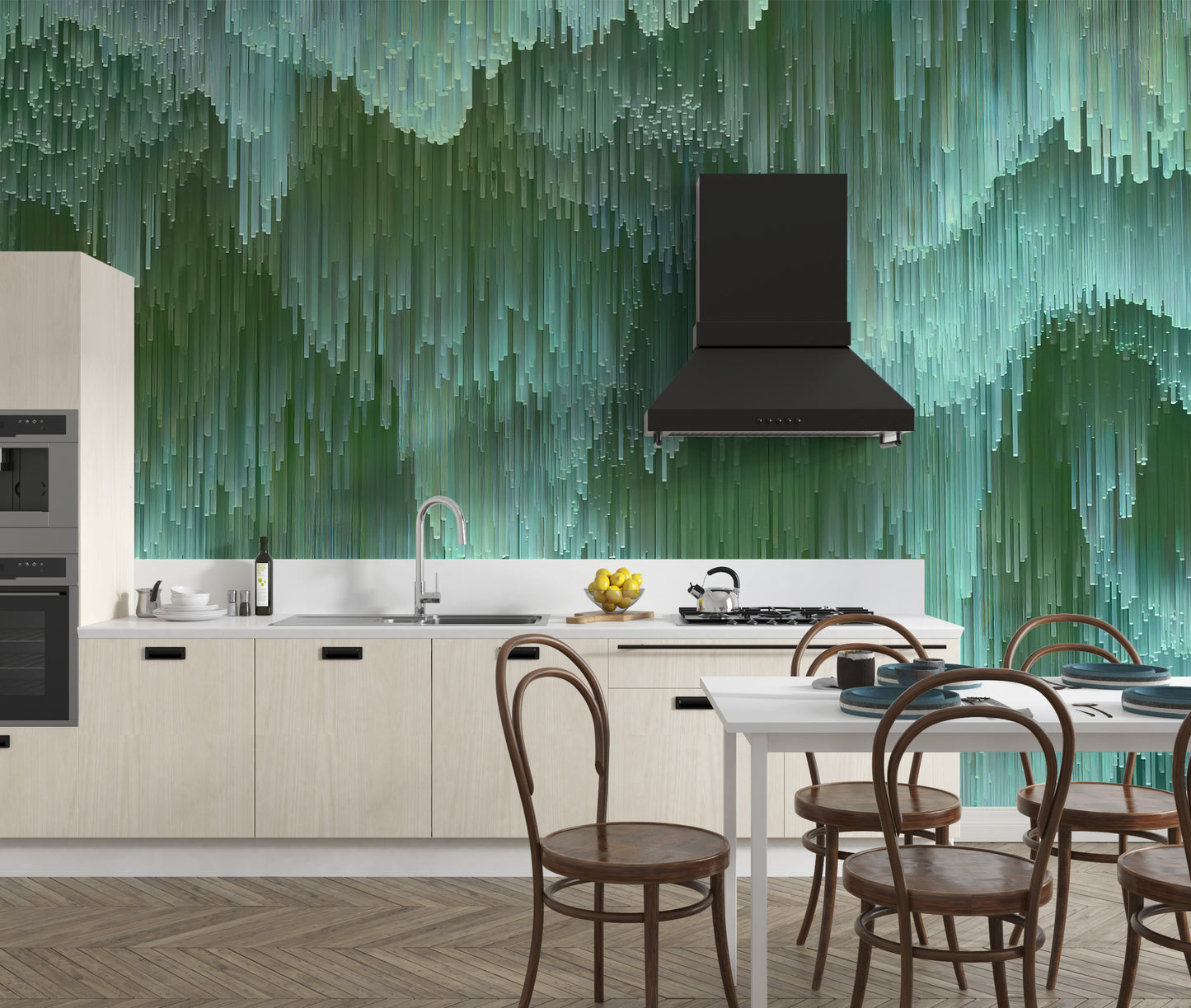 Create a serene ambiance with emerald rain green wallpaper.