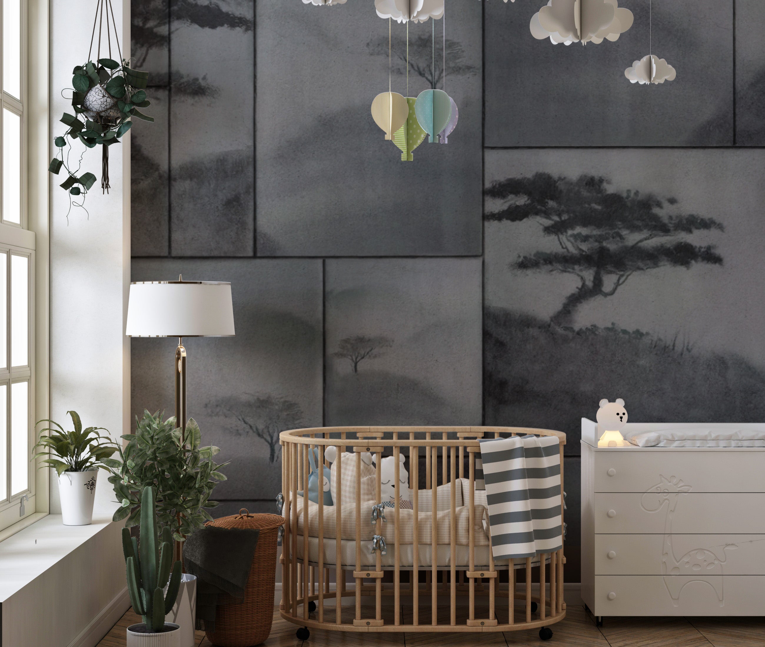 Zen-inspired misty mountain mural for modern interiors
