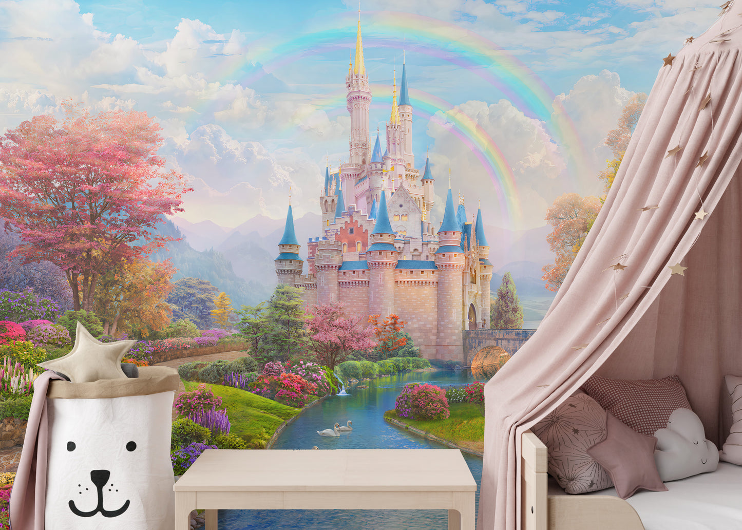 Peel-and-Stick Fairy Tale Castle Wallpaper for Playrooms
