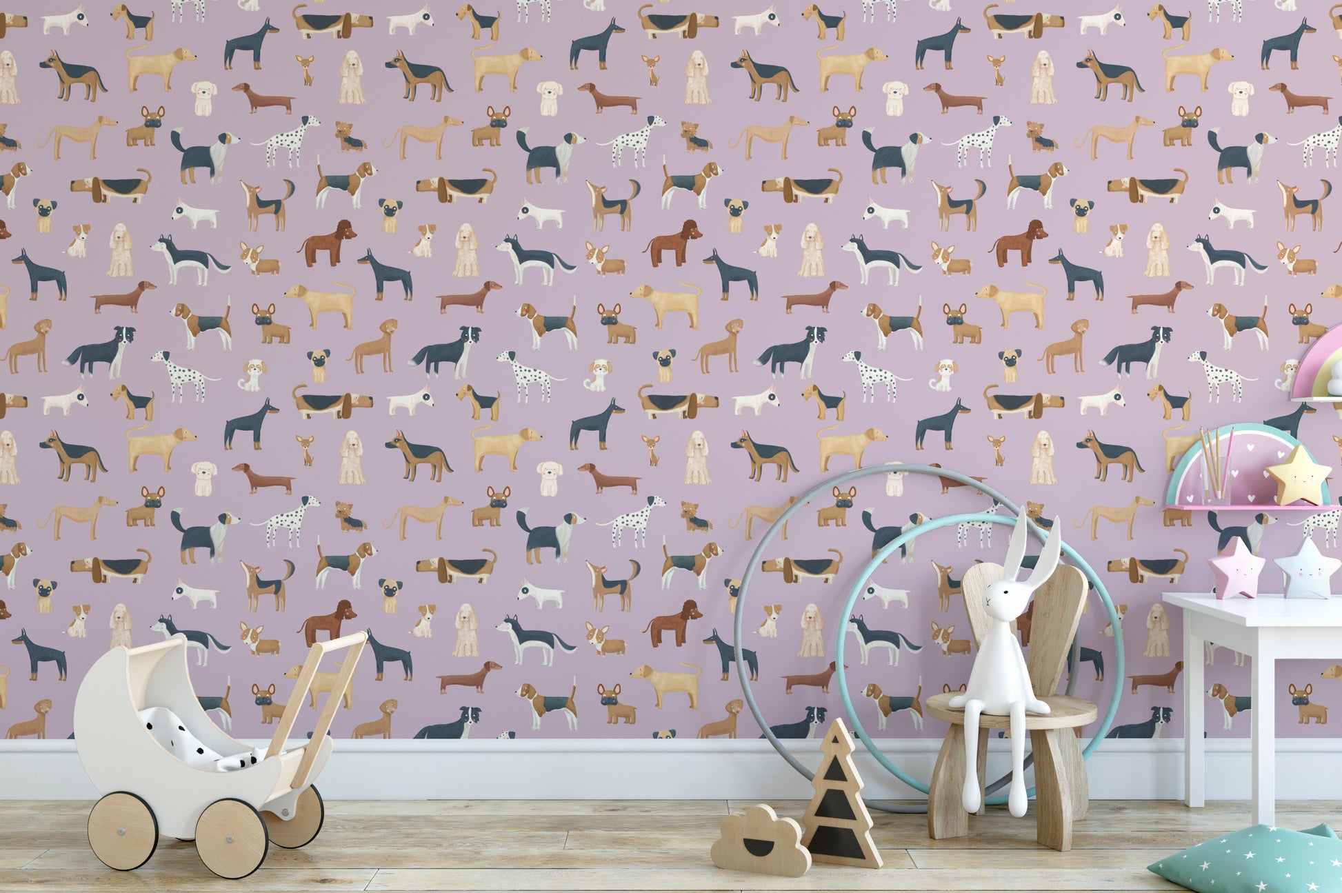 Whimsical lilac wallpaper for children
