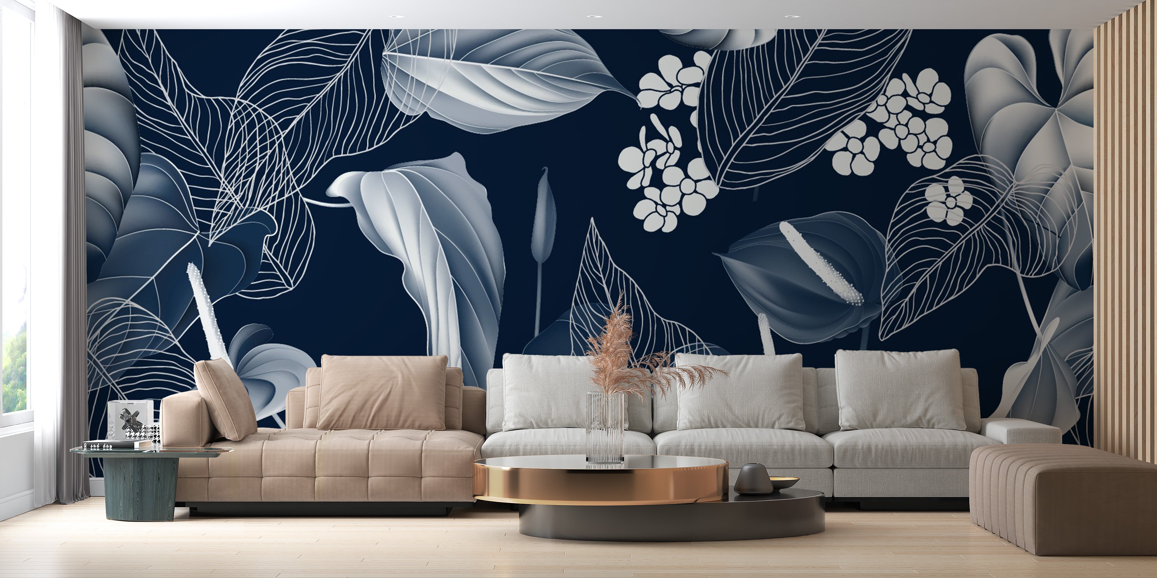 Dark blue floral leaves wallpaper print
