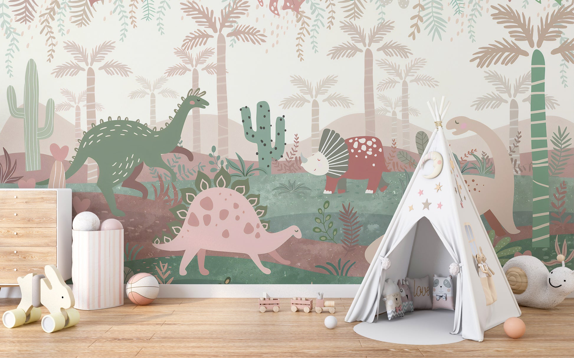 Vibrant dinosaurs enjoying wallpaper mural
