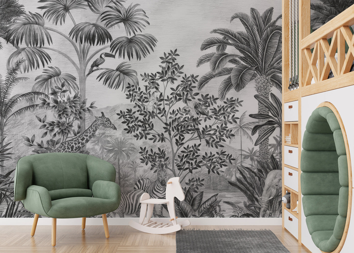 Exotic jungle animals wall murals in black
