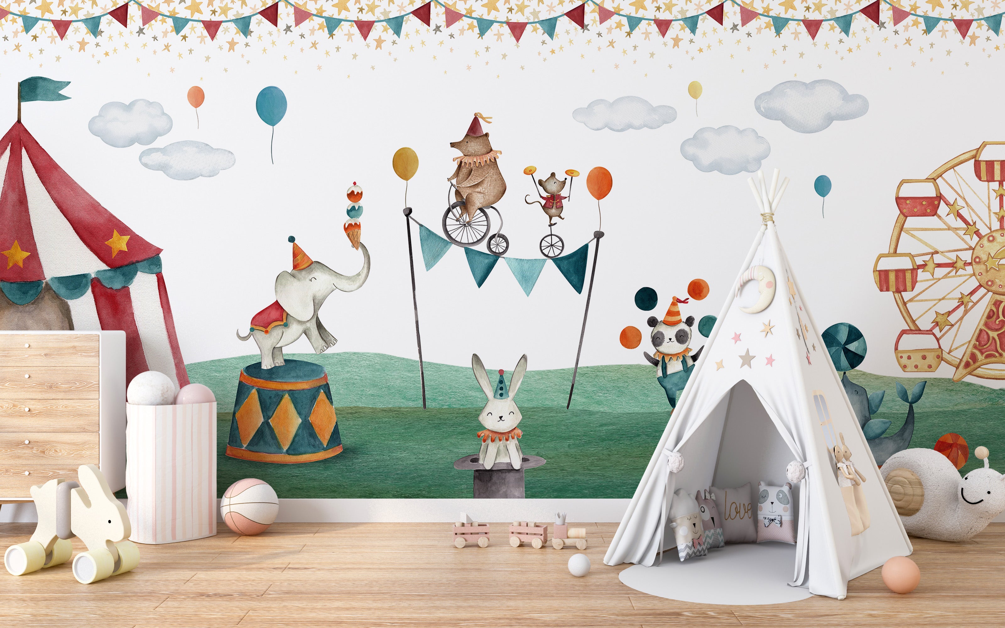 Playful bear wallpaper with circus watercolour illustration