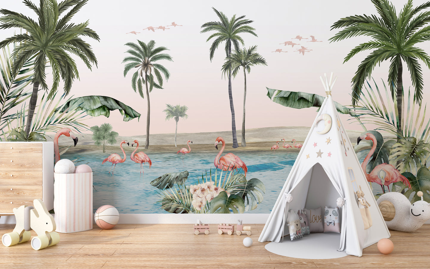 Flamingo oasis with pink background wallpaper