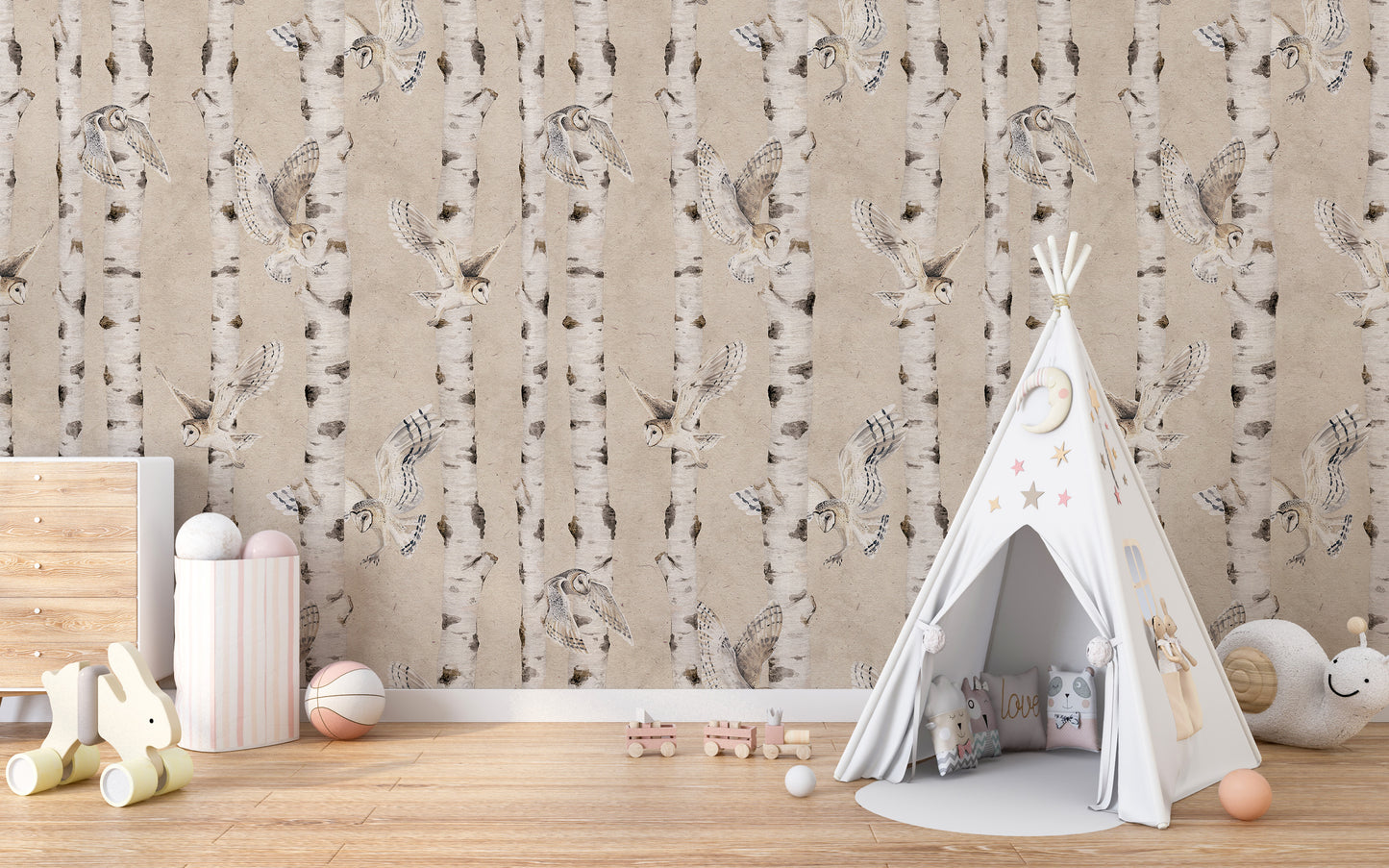 Owl Birch Forest Wallpaper - Beige