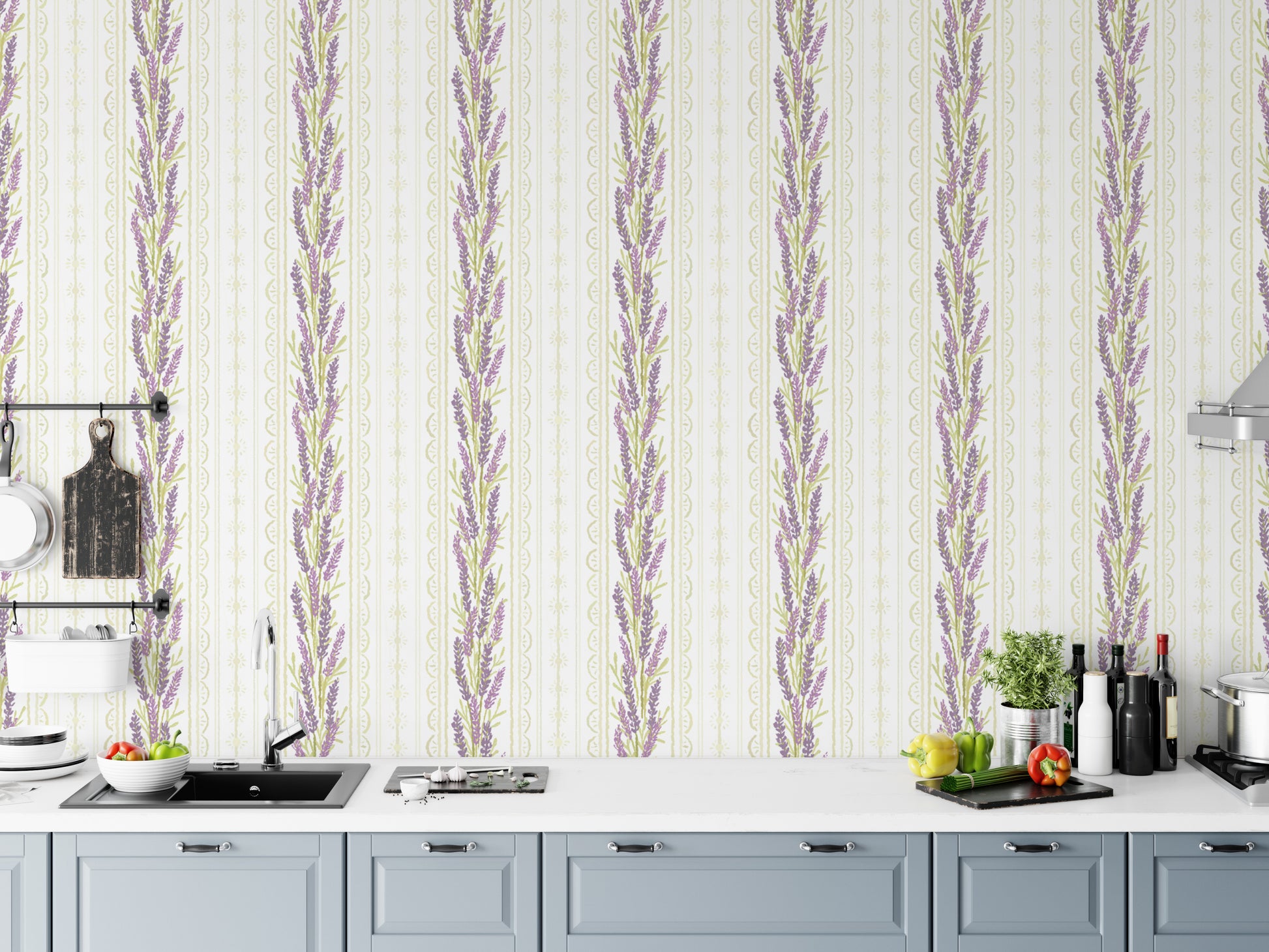 Vertical lavender patterns on white wallpaper
