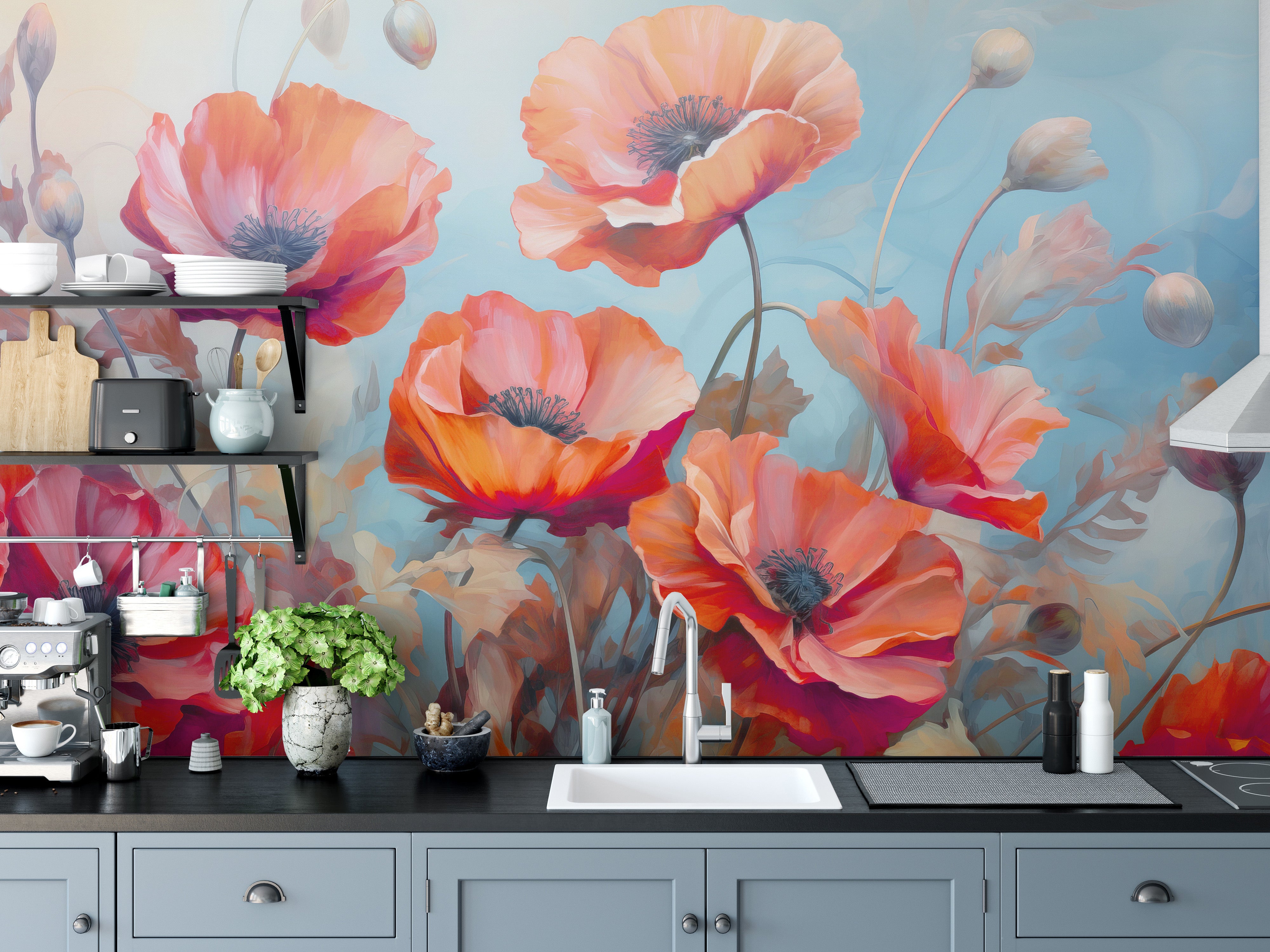 Lively wild poppies red and blue flower wallpaper for a cheerful atmosphere.