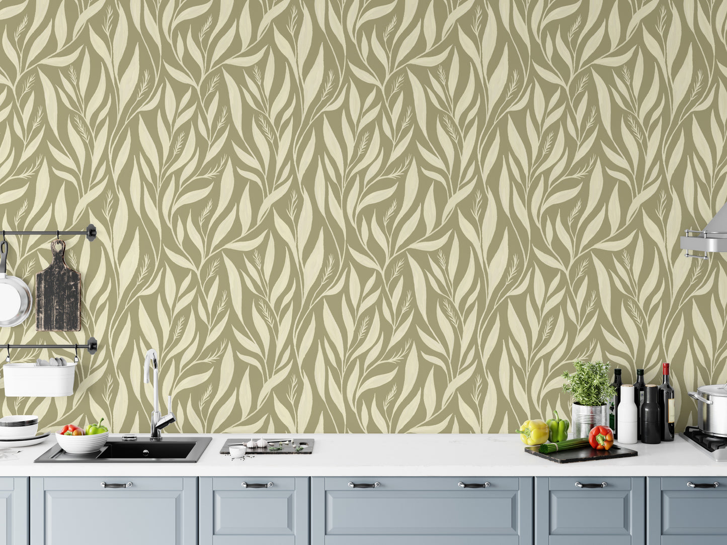 Modern sage green leafy wallpaper for interiors
