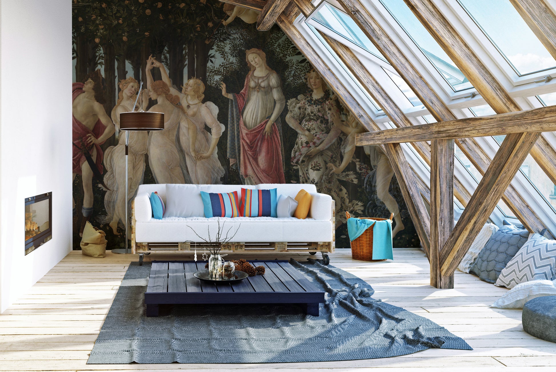 Artistic wall mural featuring Botticelli’s garden-inspired design.
