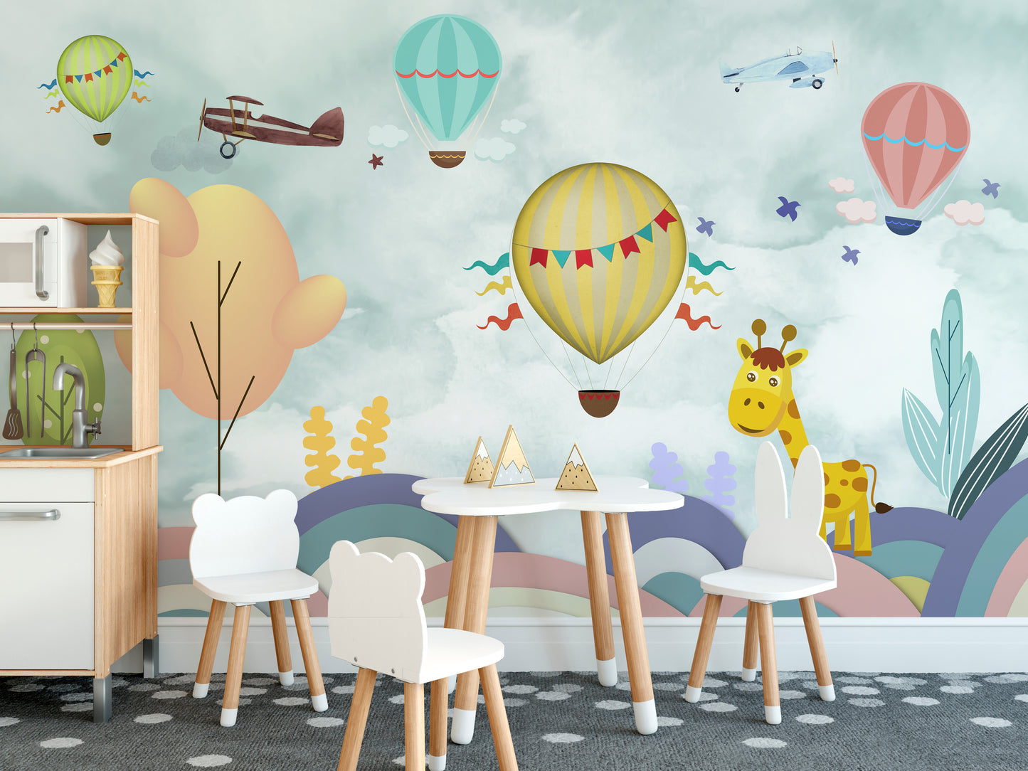 Hot Air Balloon Cartoon Kids Room Wallpaper Mural - Giffywalls